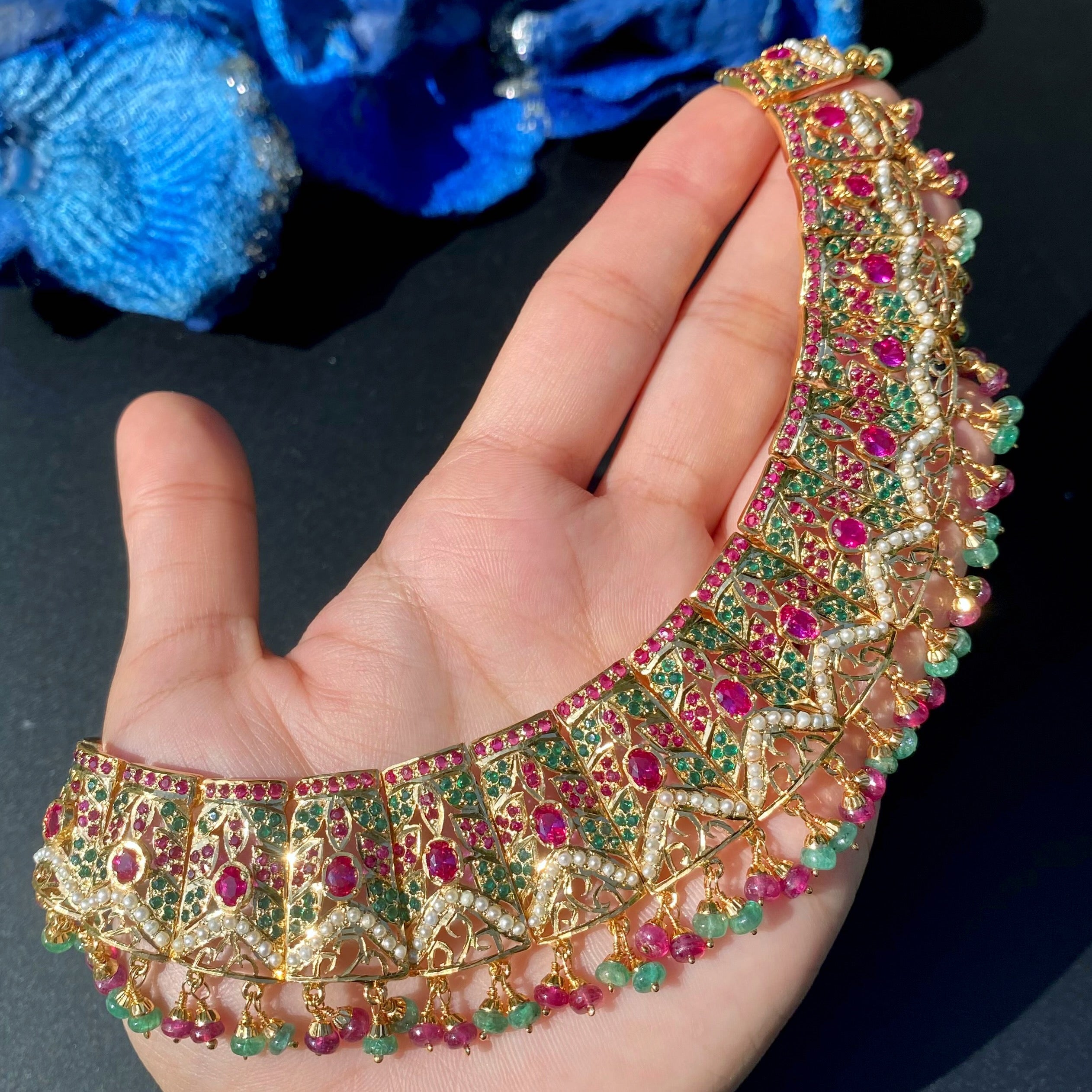 Gold Plated Jadau Guluband | Necklace Set on Silver with Gold Plating NS 054