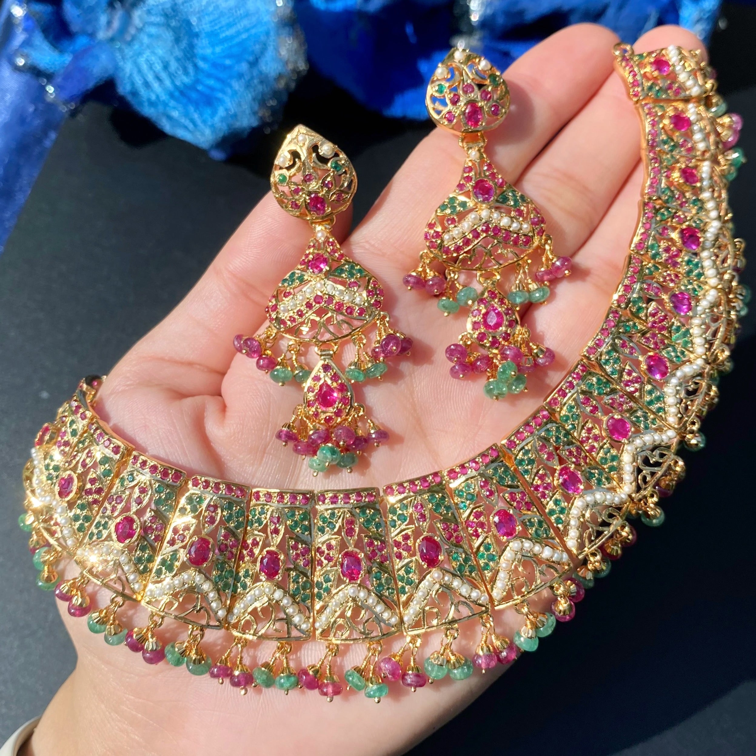 Gold Plated Jadau Guluband | Necklace Set on Silver with Gold Plating NS 054