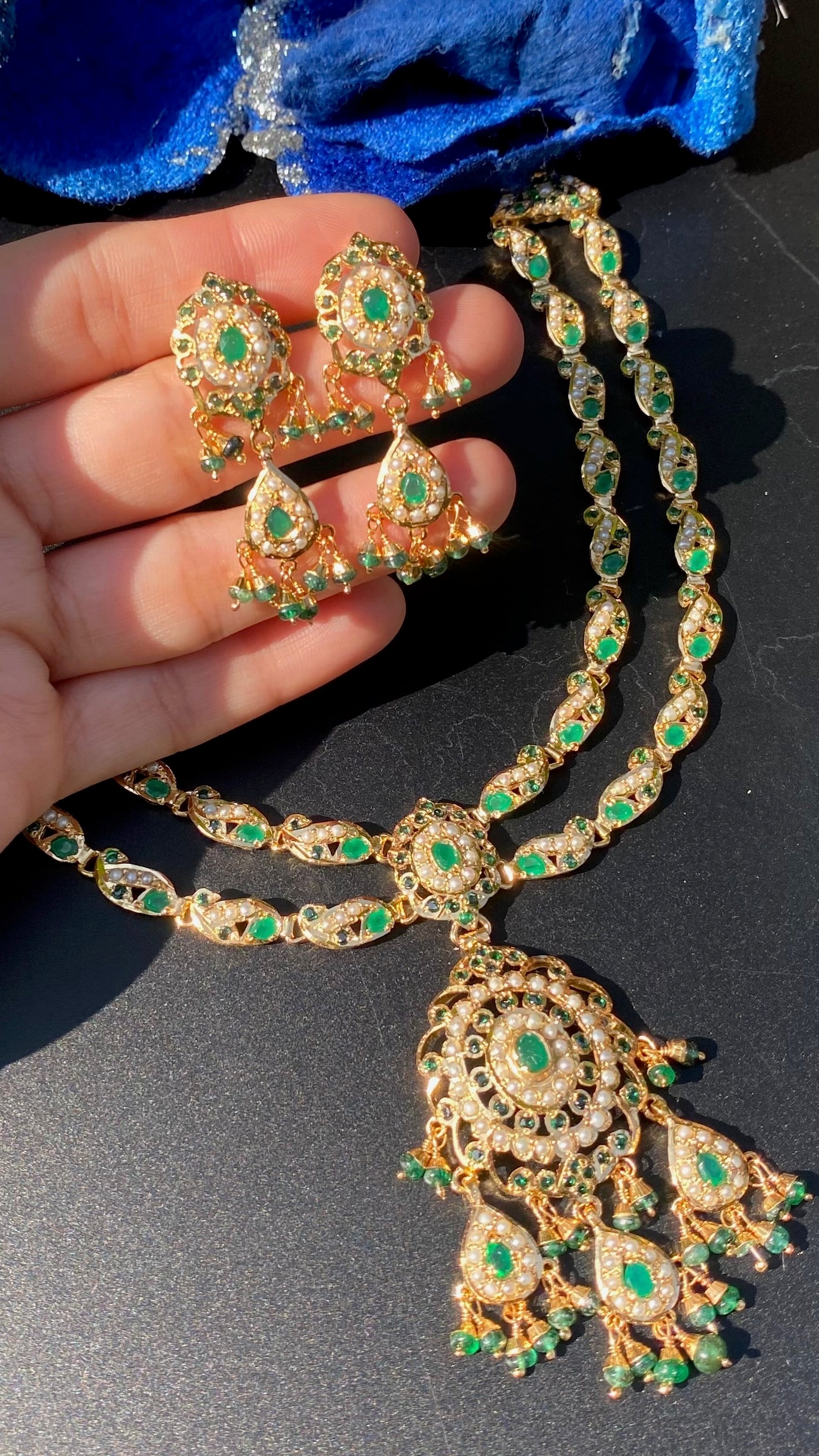 Intricate Jadau Necklace Set in 925 Silver Base | Pearl & Emerald Green Combination NS 451