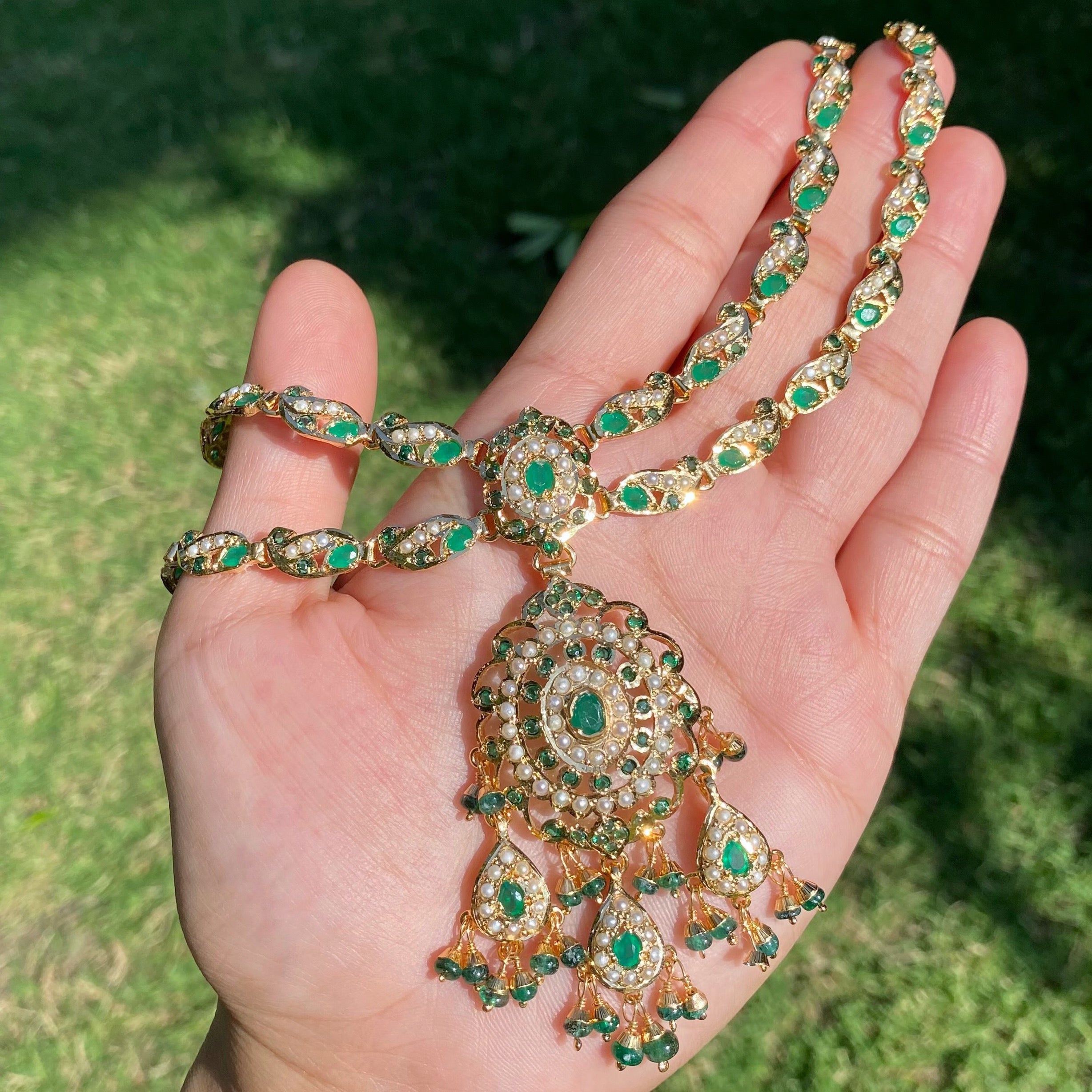 Intricate Jadau Necklace Set in 925 Silver Base | Pearl & Emerald Green Combination NS 451