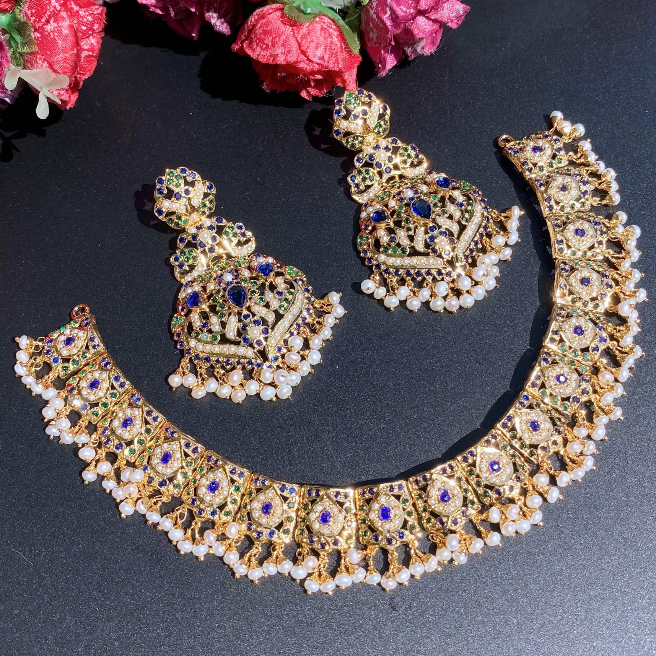 indian blue necklace with statement earrings