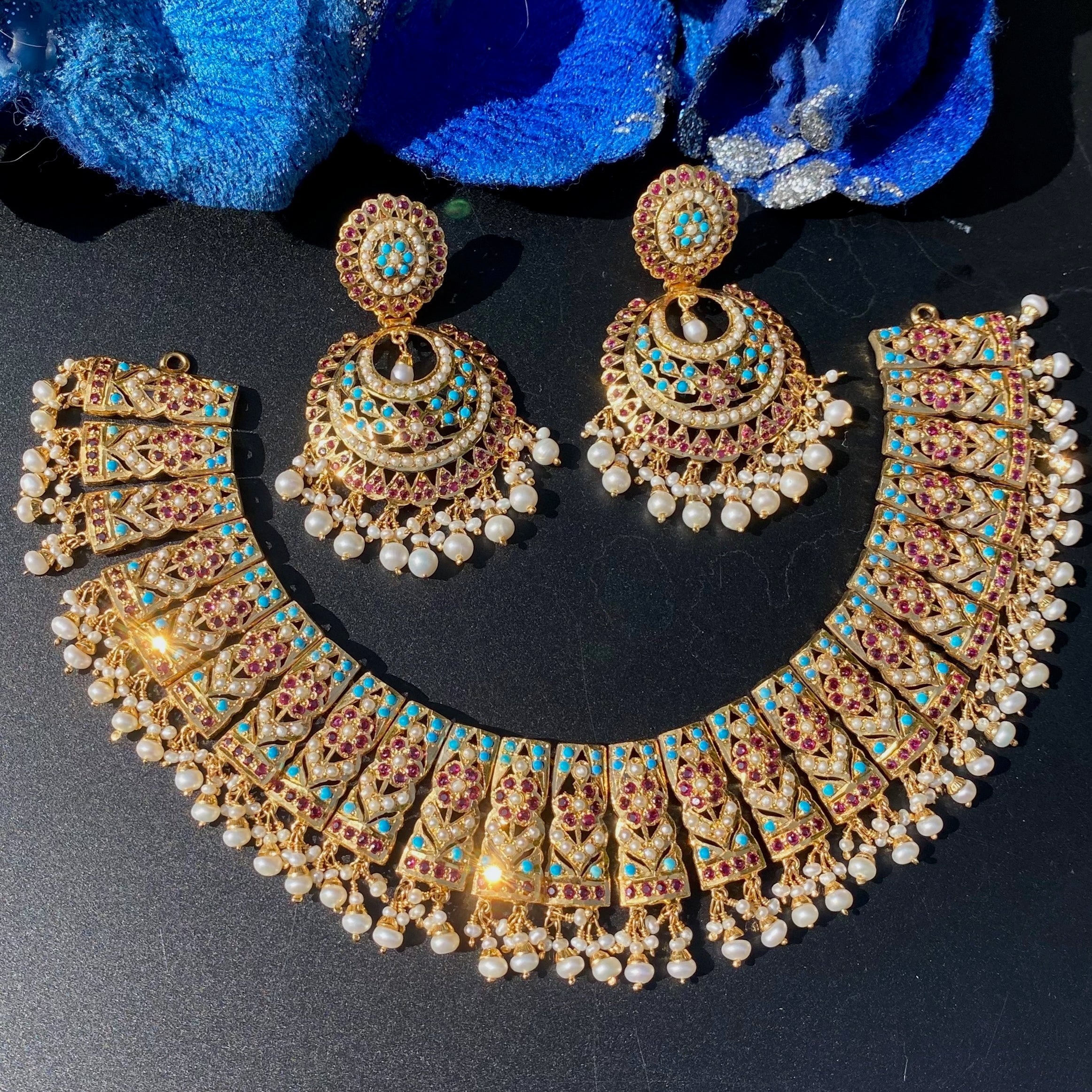 Turquoise Ruby-Red Pearl Jadau Choker Set with Chandbali Earrings | Gold Plated Silver NS 458