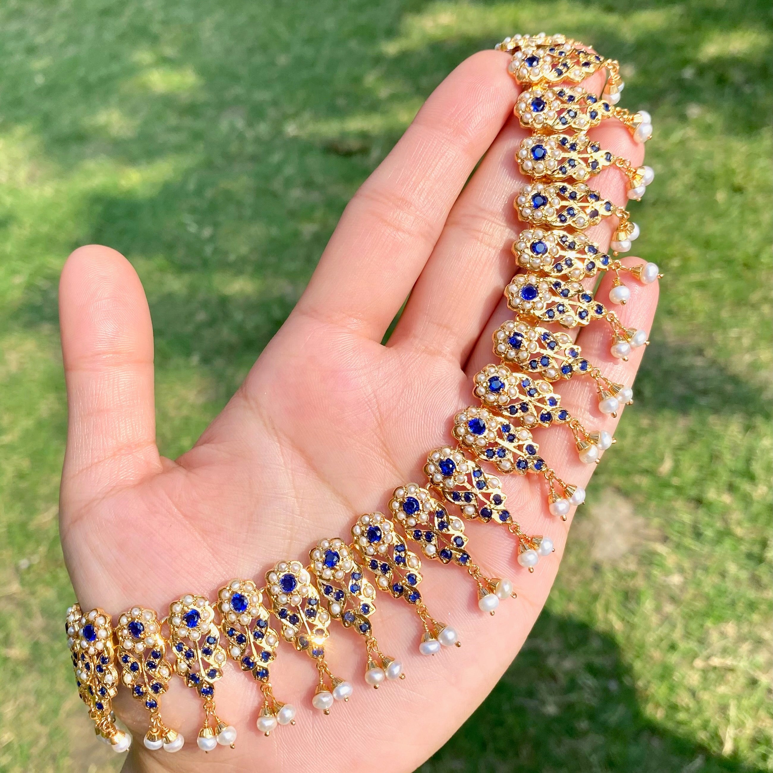 Sapphire-Blue Pearl Jadau Choker Set | Gold Plated on Sterling Silver Base NS 467
