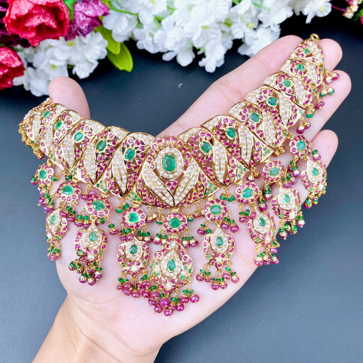 pakistani bridal jadau necklace set in 22ct gold