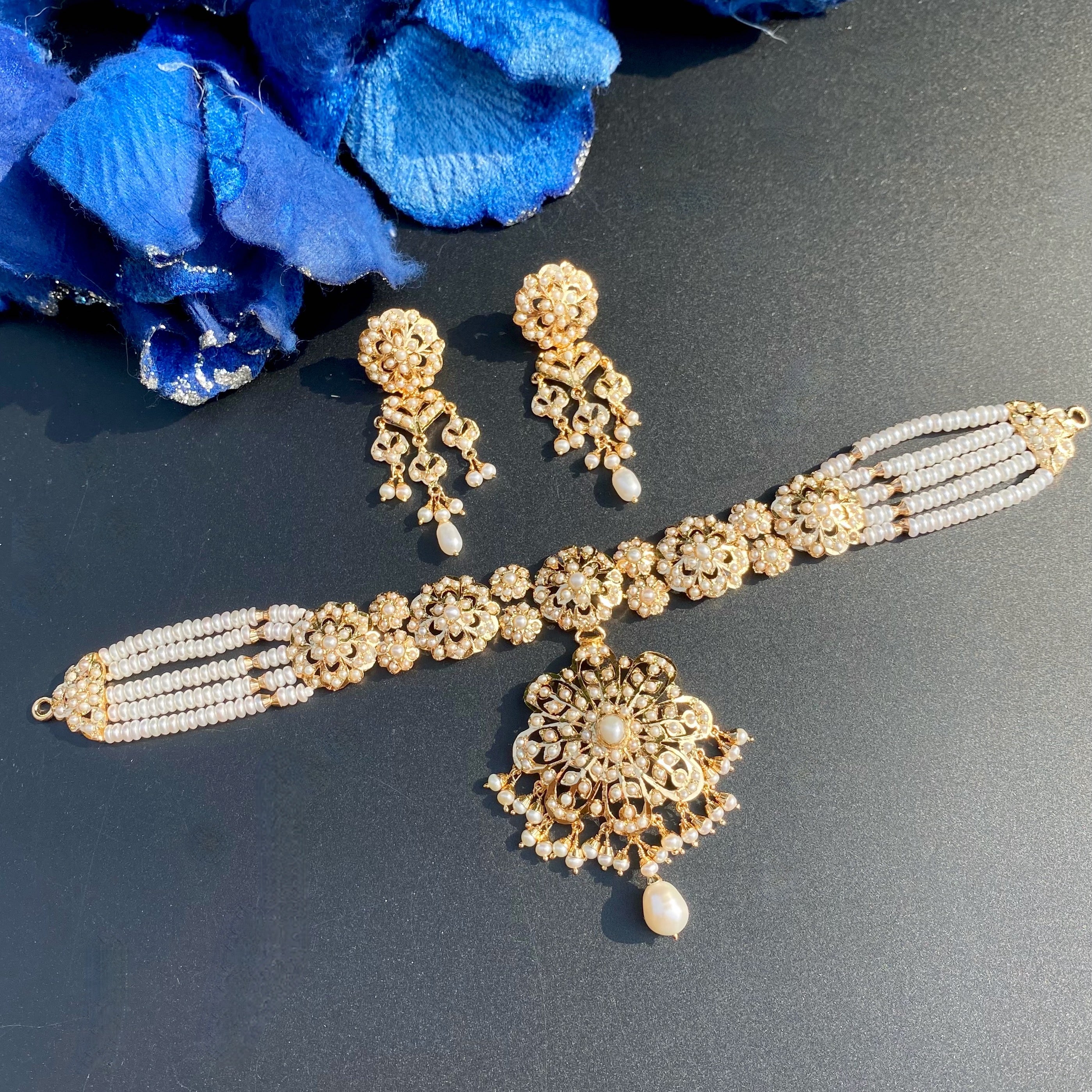 Exquisitely Crafted Pearl Choker Set | Gold Plated on 925 Silver NS 454