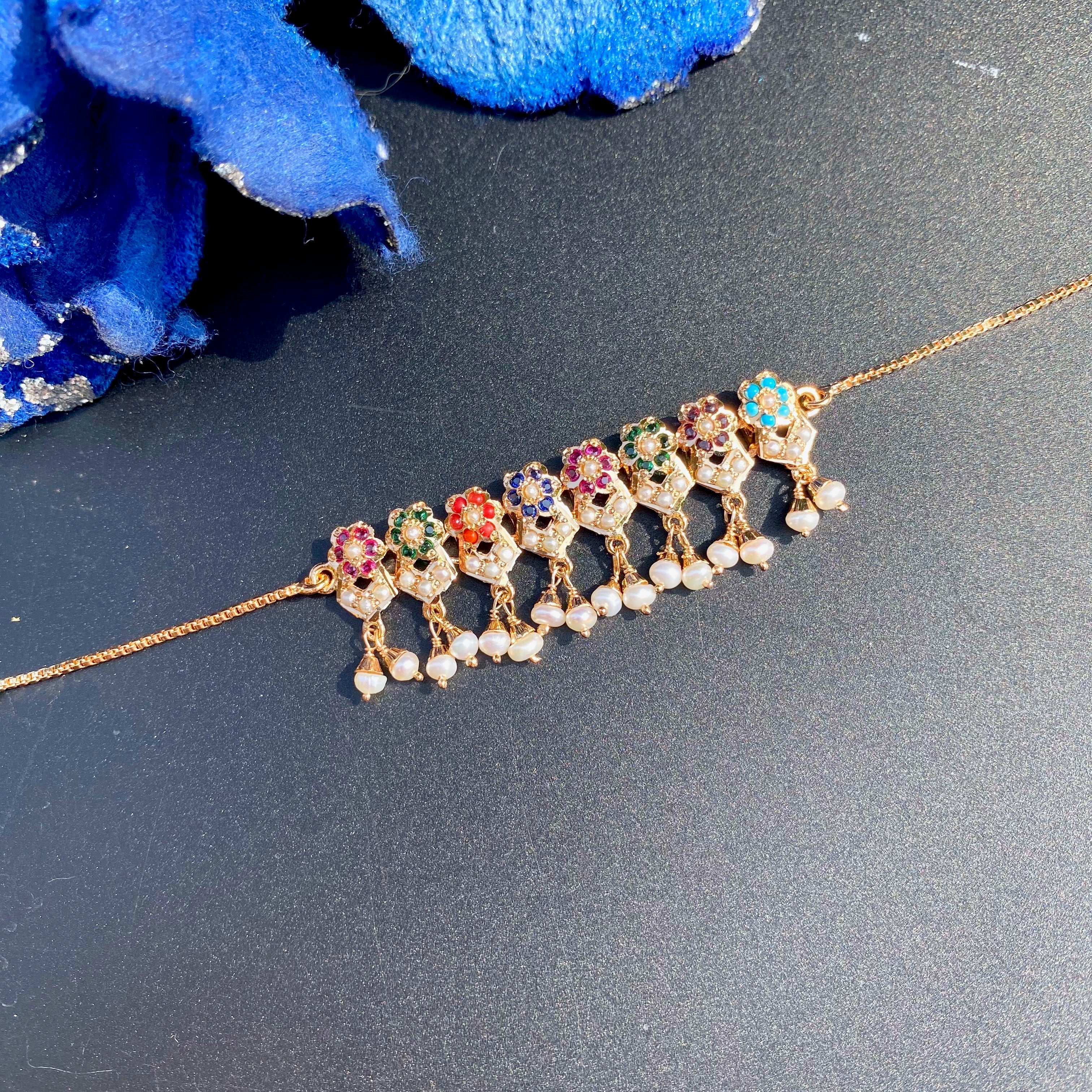 Product Title: Navratna Pearl Fringe Jadau Bracelet | Gold Plated Silver BG 185