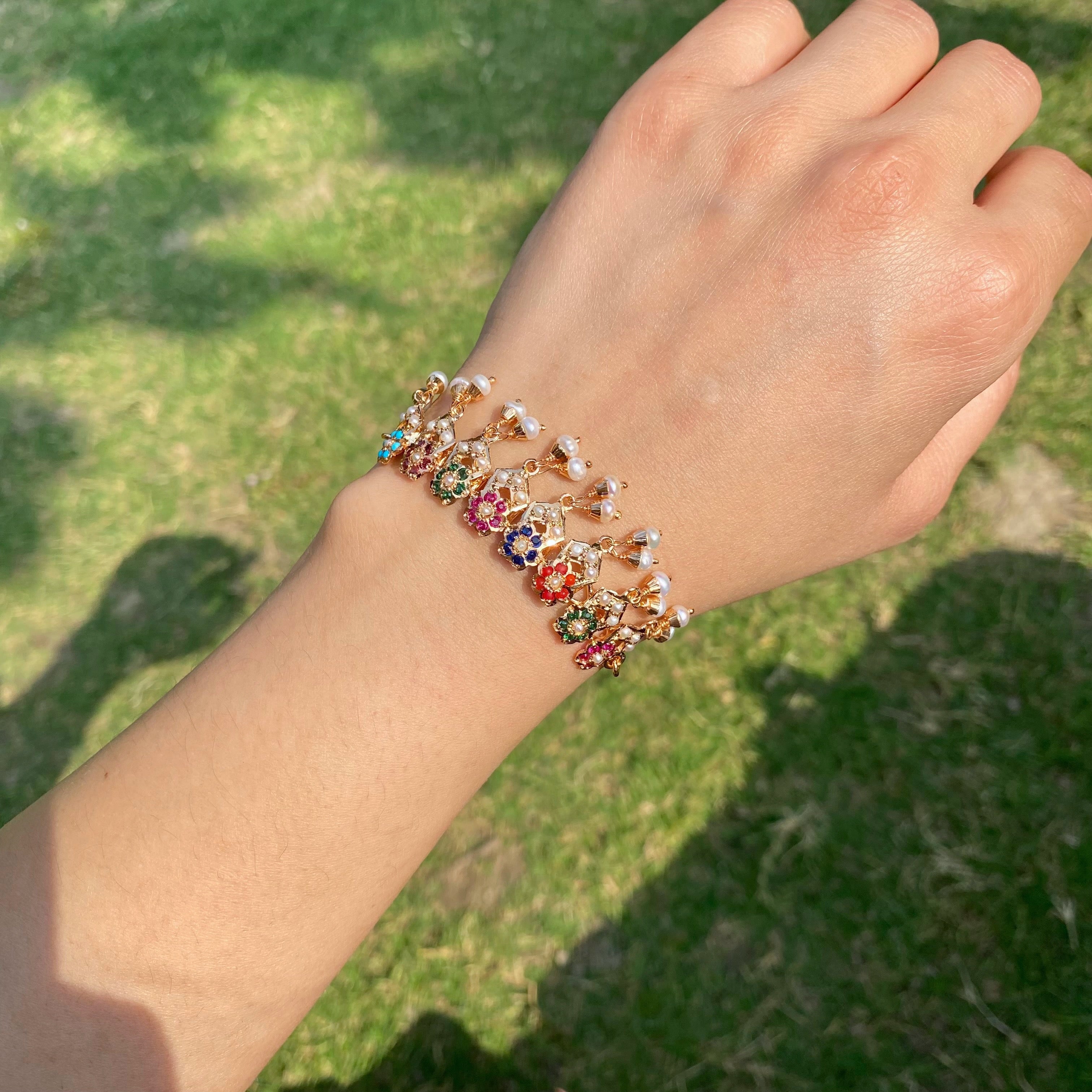 Product Title: Navratna Pearl Fringe Jadau Bracelet | Gold Plated Silver BG 185