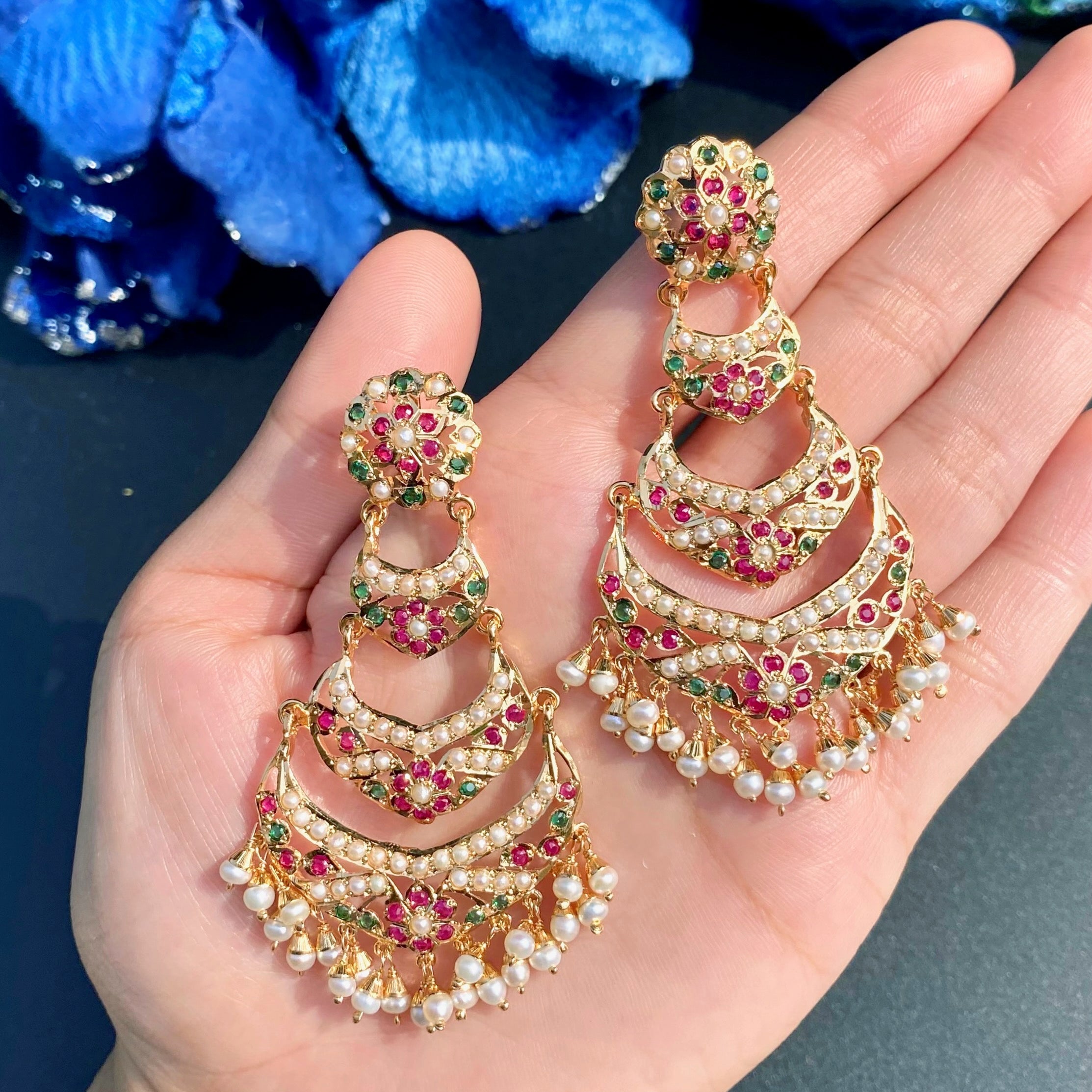 Ruby-Green Pearl Three-Tier Chandbali Earrings | Gold Plated on Silver ER 703