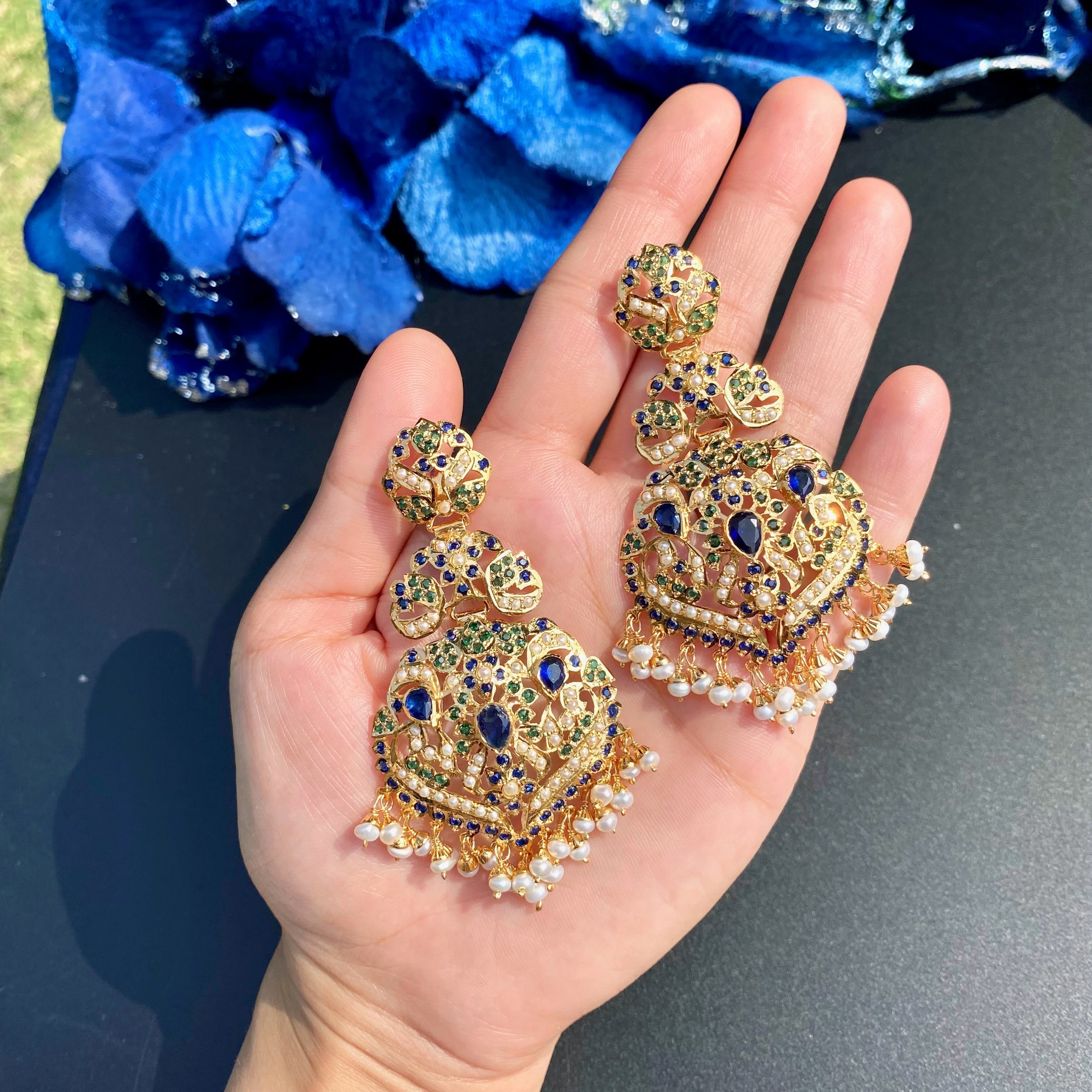Royal Blue & Emerald Pearl Jadau Statement Earrings | Gold Plated on 925 Silver ER 701