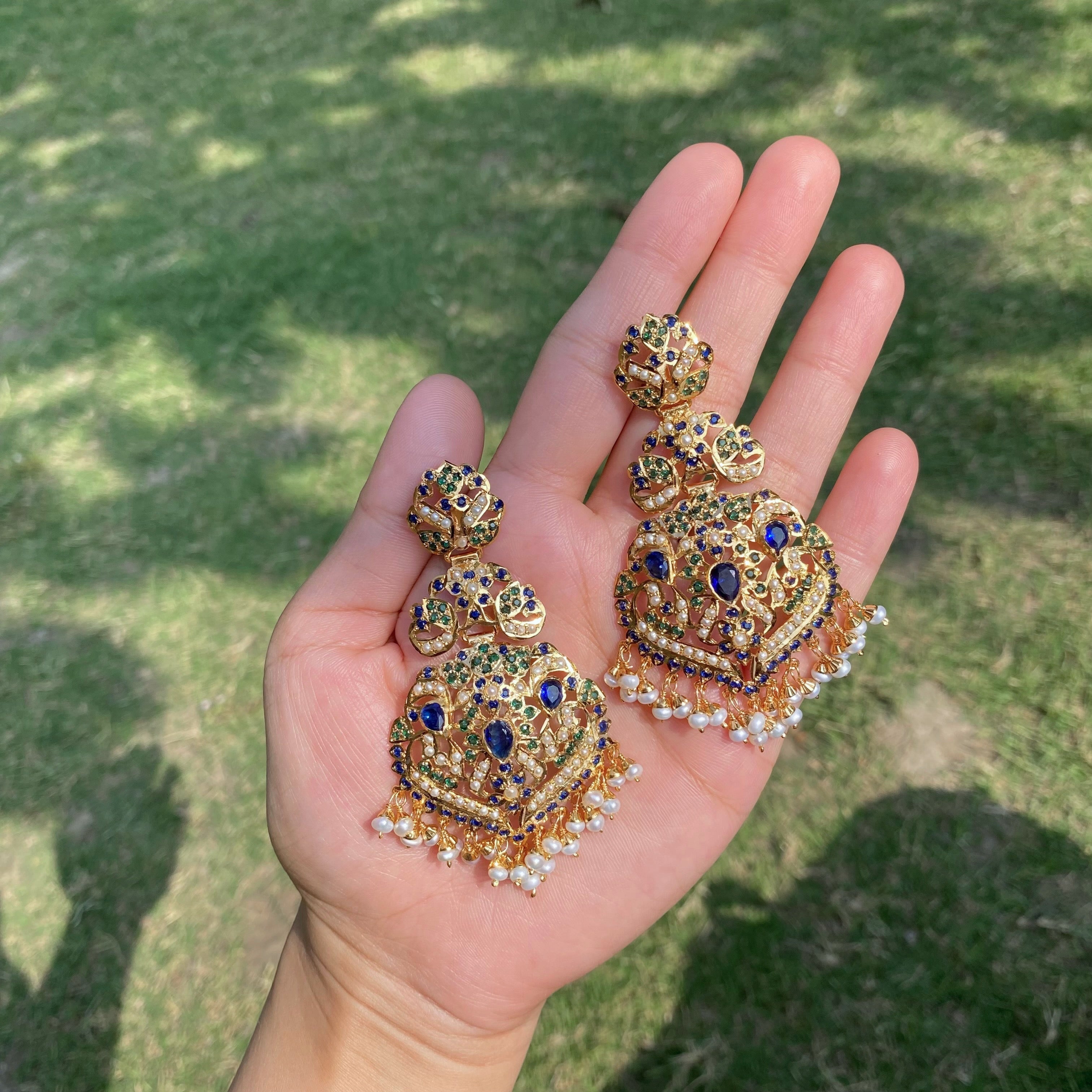 Royal Blue & Emerald Pearl Jadau Statement Earrings | Gold Plated on 925 Silver ER 701