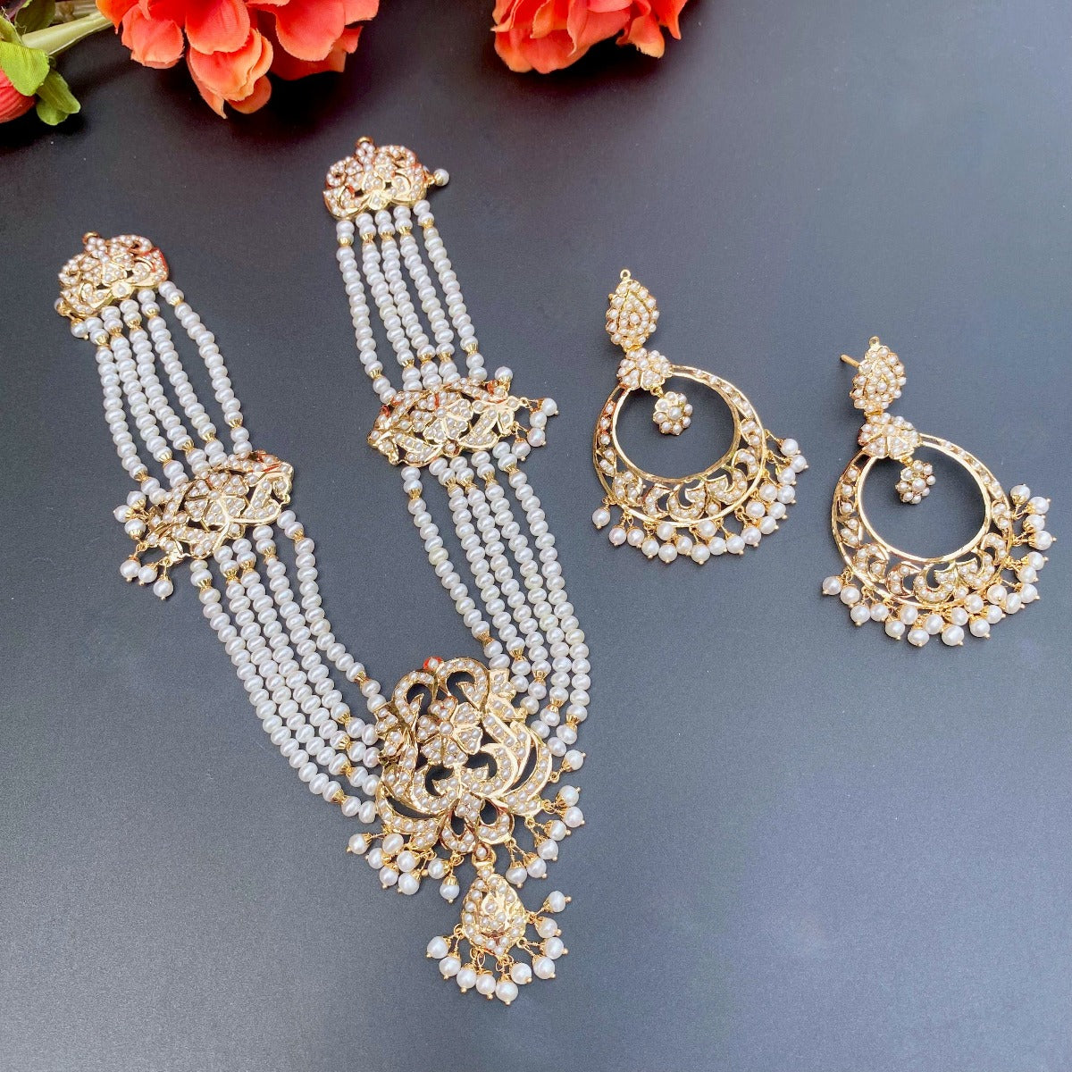 royal pearl necklace with chandbali in gold