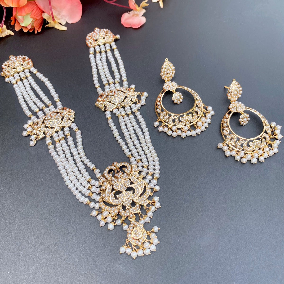 royal pearl necklace with chandbali in gold