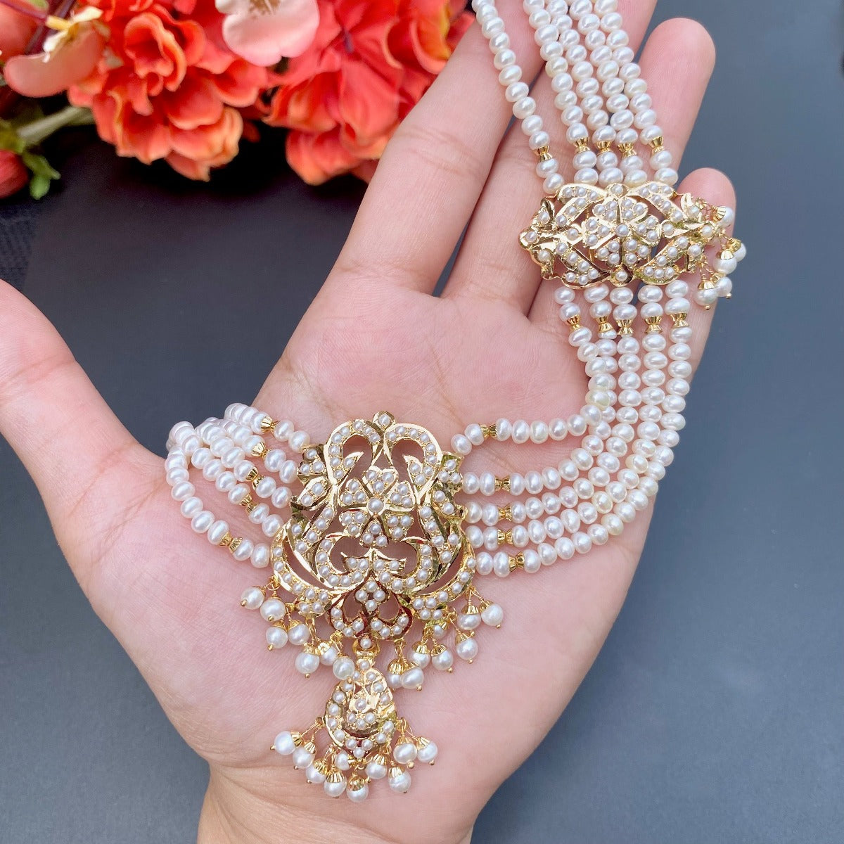 royal pearl necklace with chandbali in gold