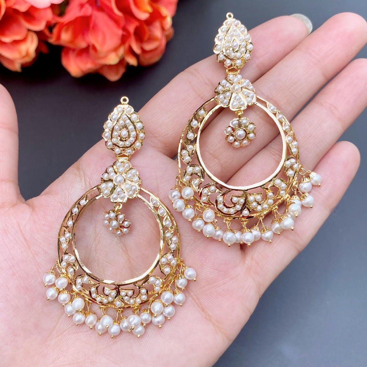 royal pearl necklace with chandbali in gold