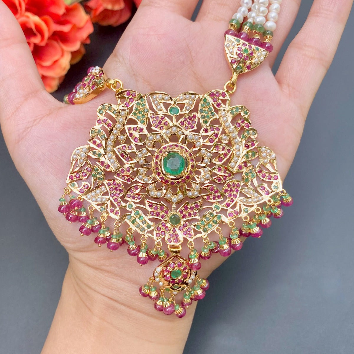 22k gold rani haar with ruby emerald stones