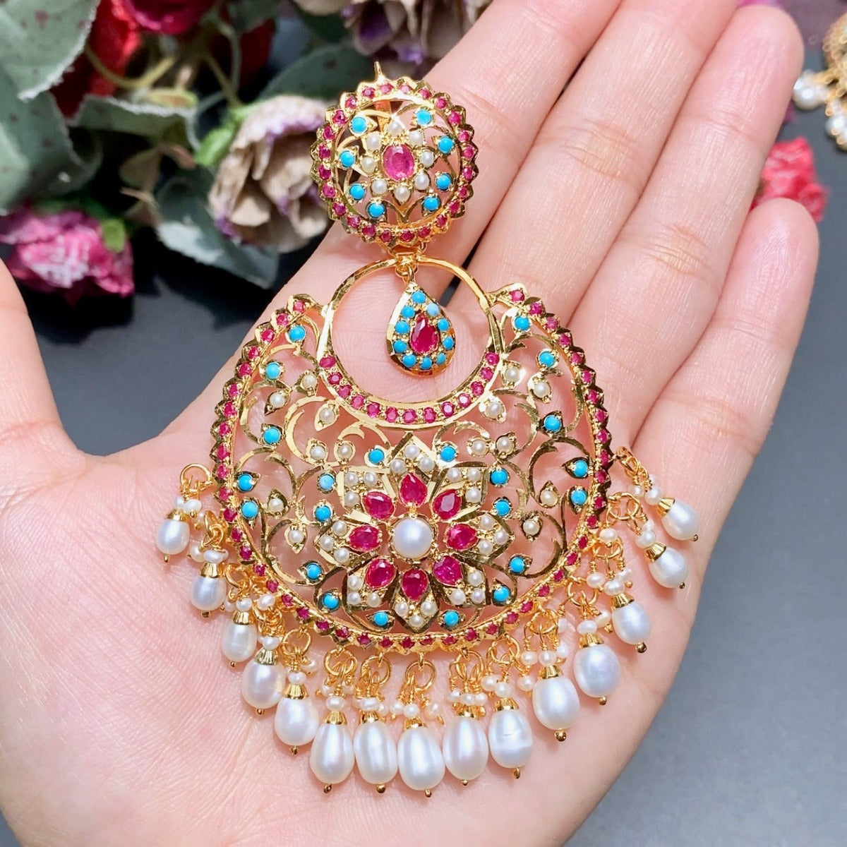 gold finished Hyderabadi jadau earrings