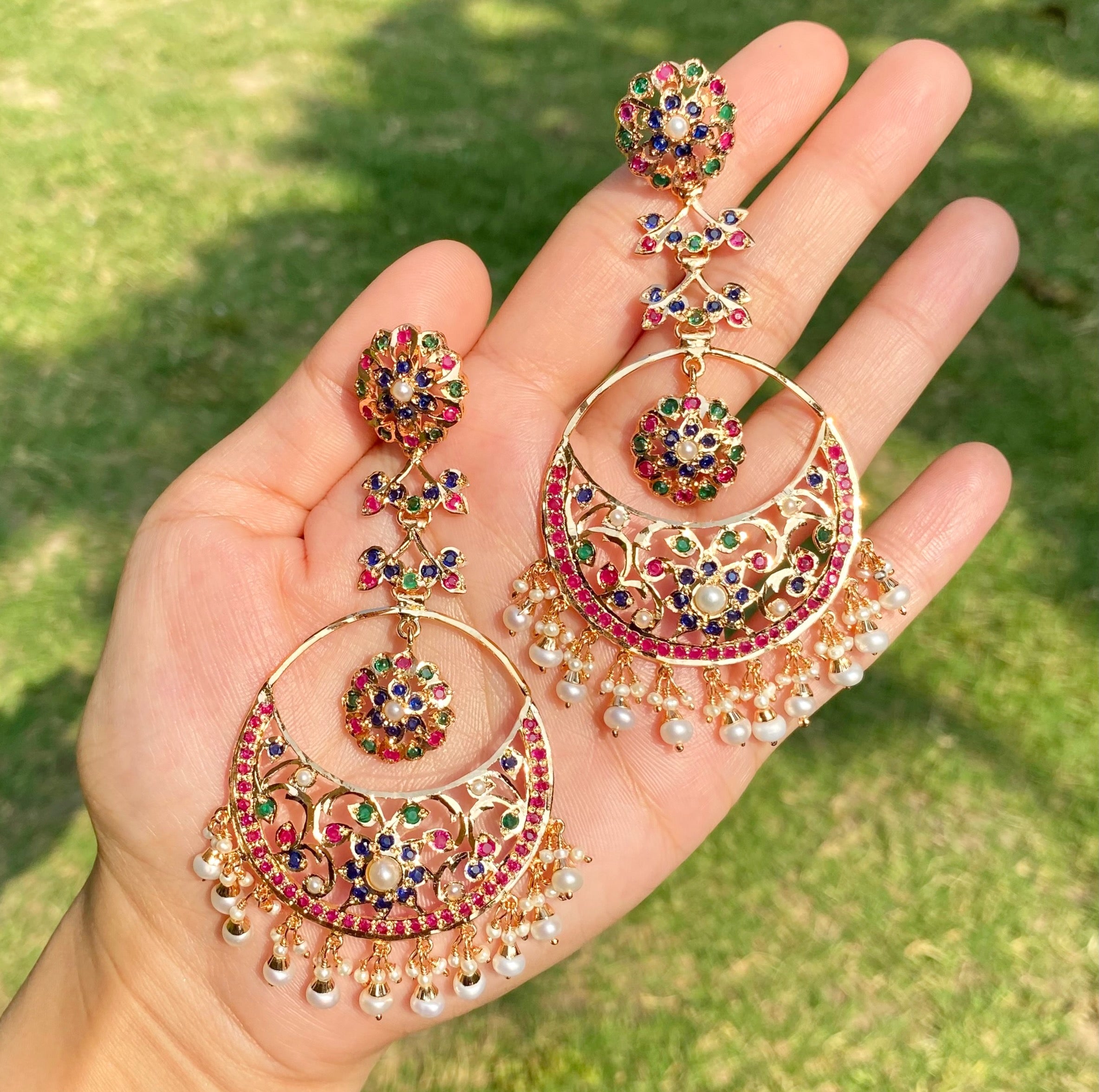 Statement Multicolored Chandbali Earrings | Gold Plated Jadau Jewelry on Silver ER 696