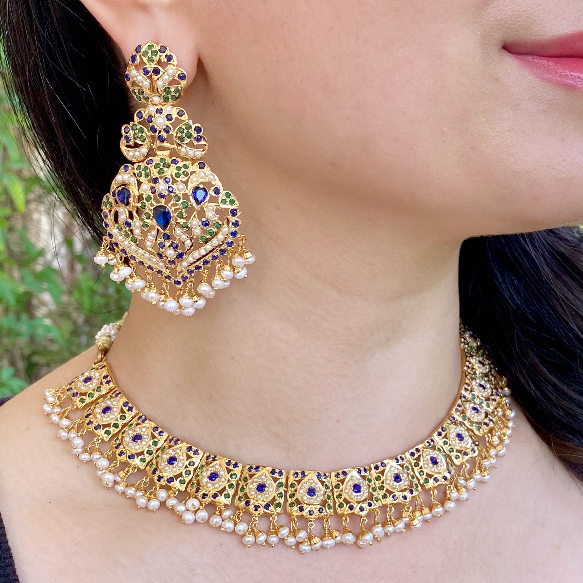 indian blue necklace with statement earrings