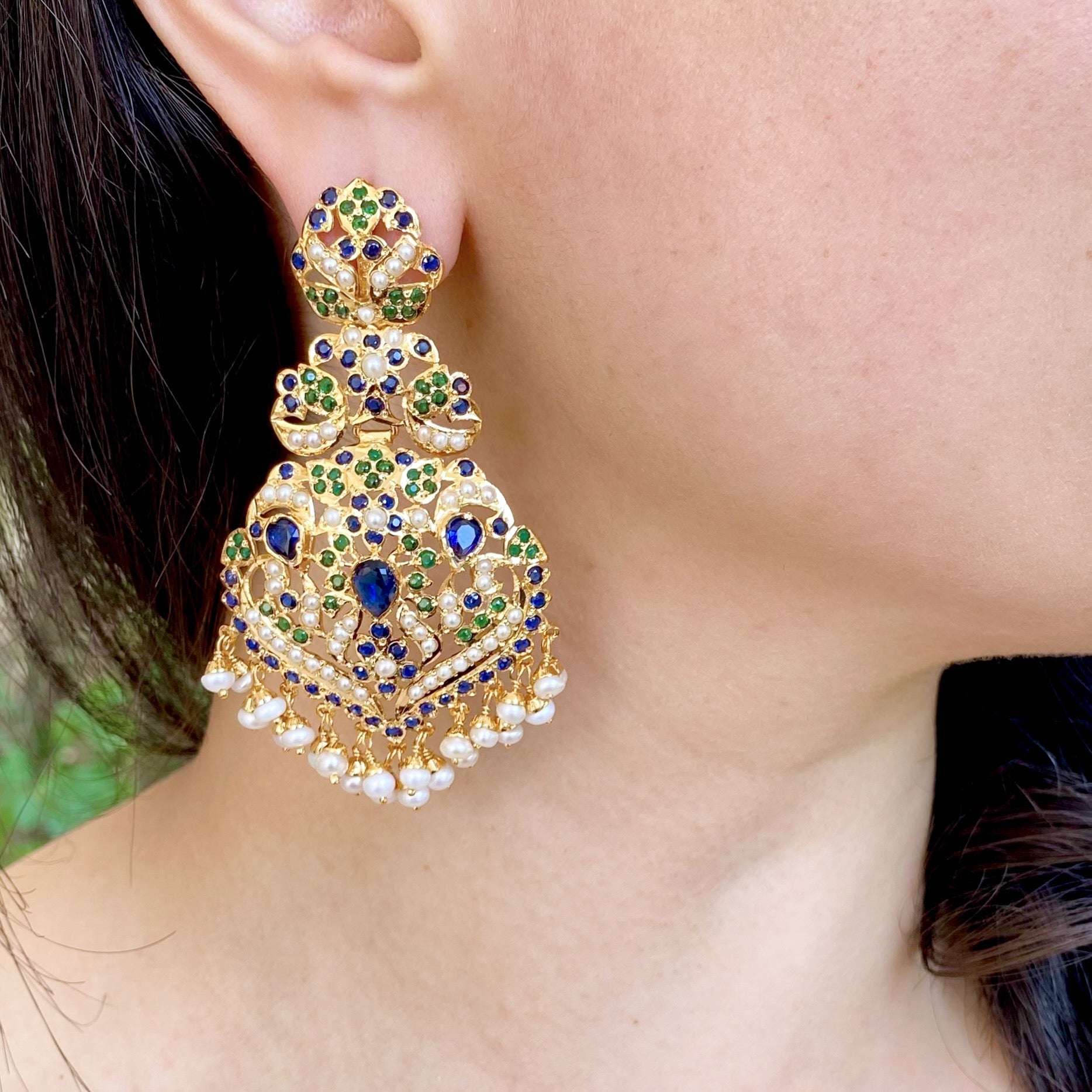 indian blue necklace with statement earrings