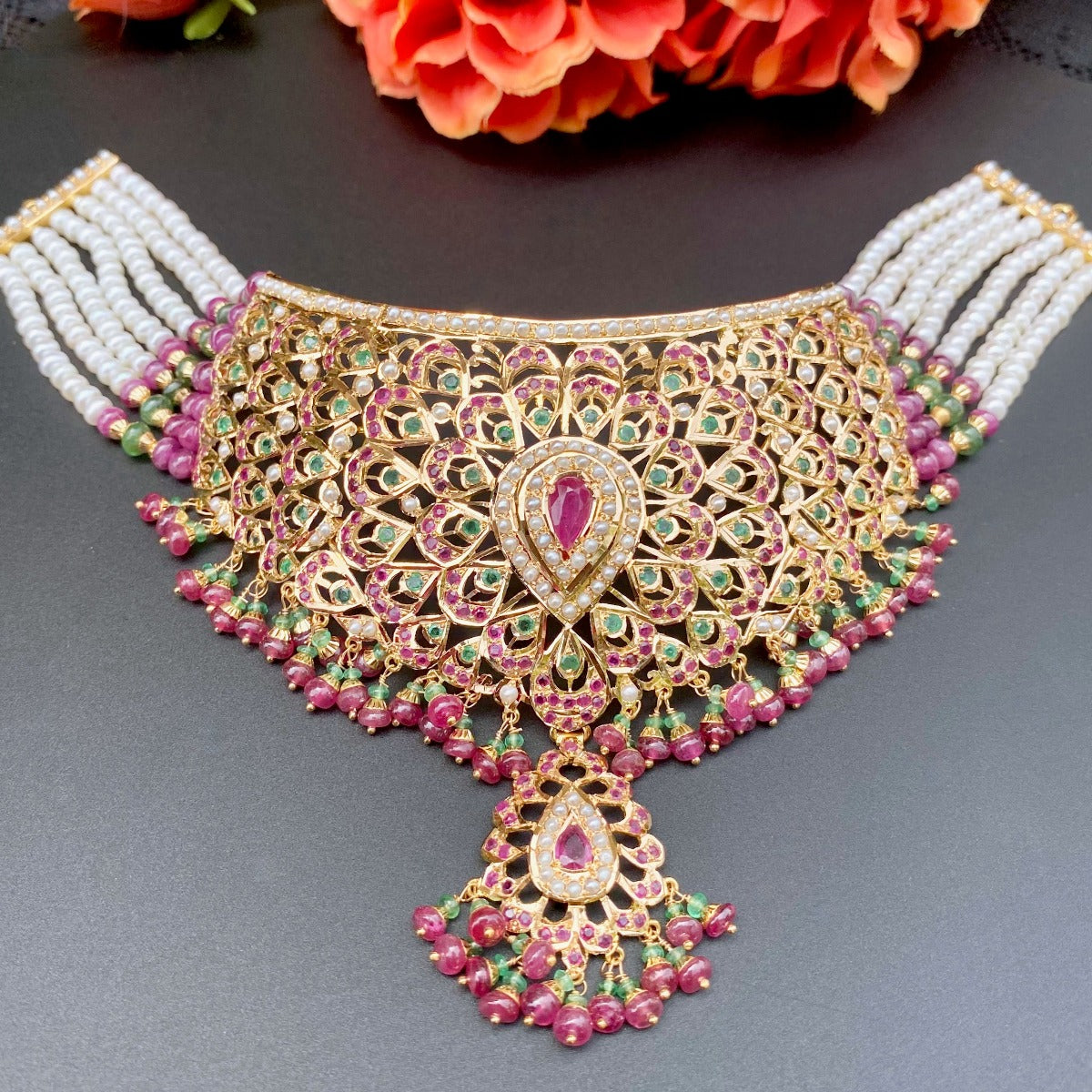 Multicoloured Jadau Choker Set | Jewelry For Destination Wedding