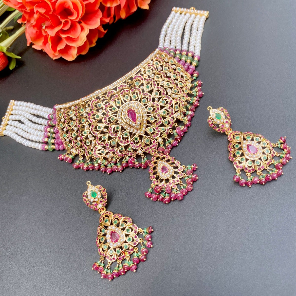 Multicoloured Jadau Choker Set | Jewelry For Destination Wedding
