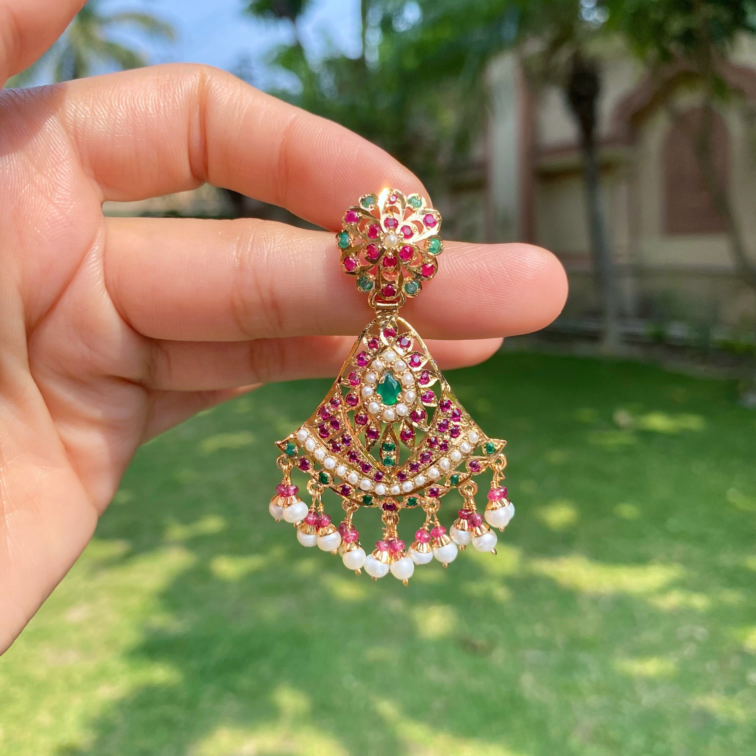 Ruby Emerald Pearl Fan Shaped Jadau Earrings | Gold Plated on 925 Silver ER 702