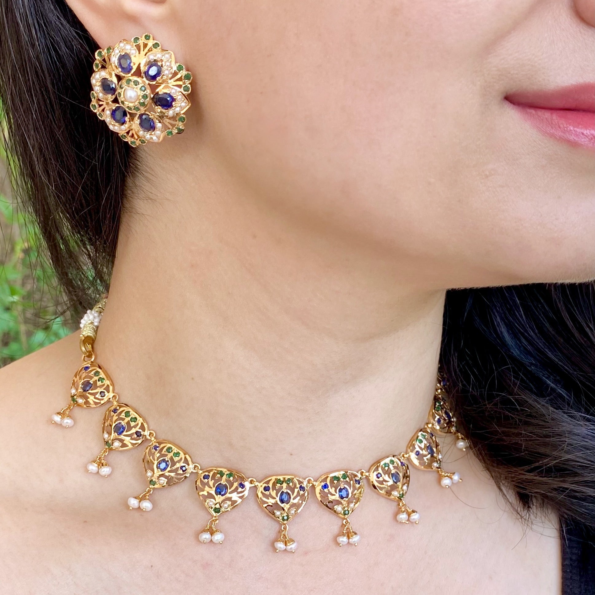 pakistani necklace studs blue sapphire stones