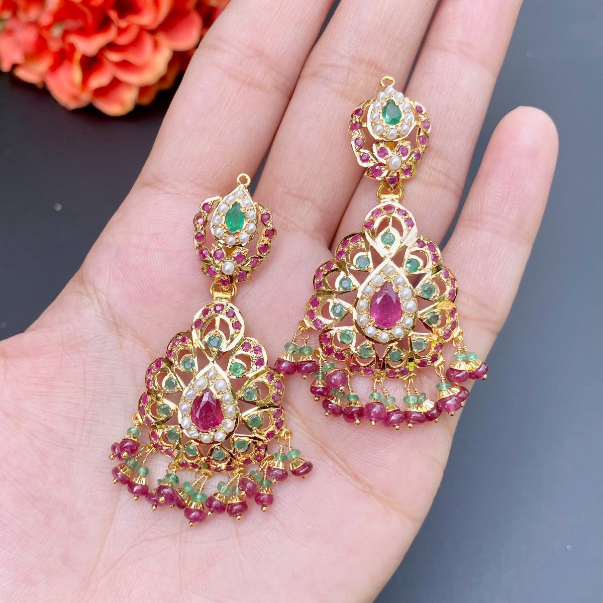 mughal style gold earrings ruby emerald for destination wedding