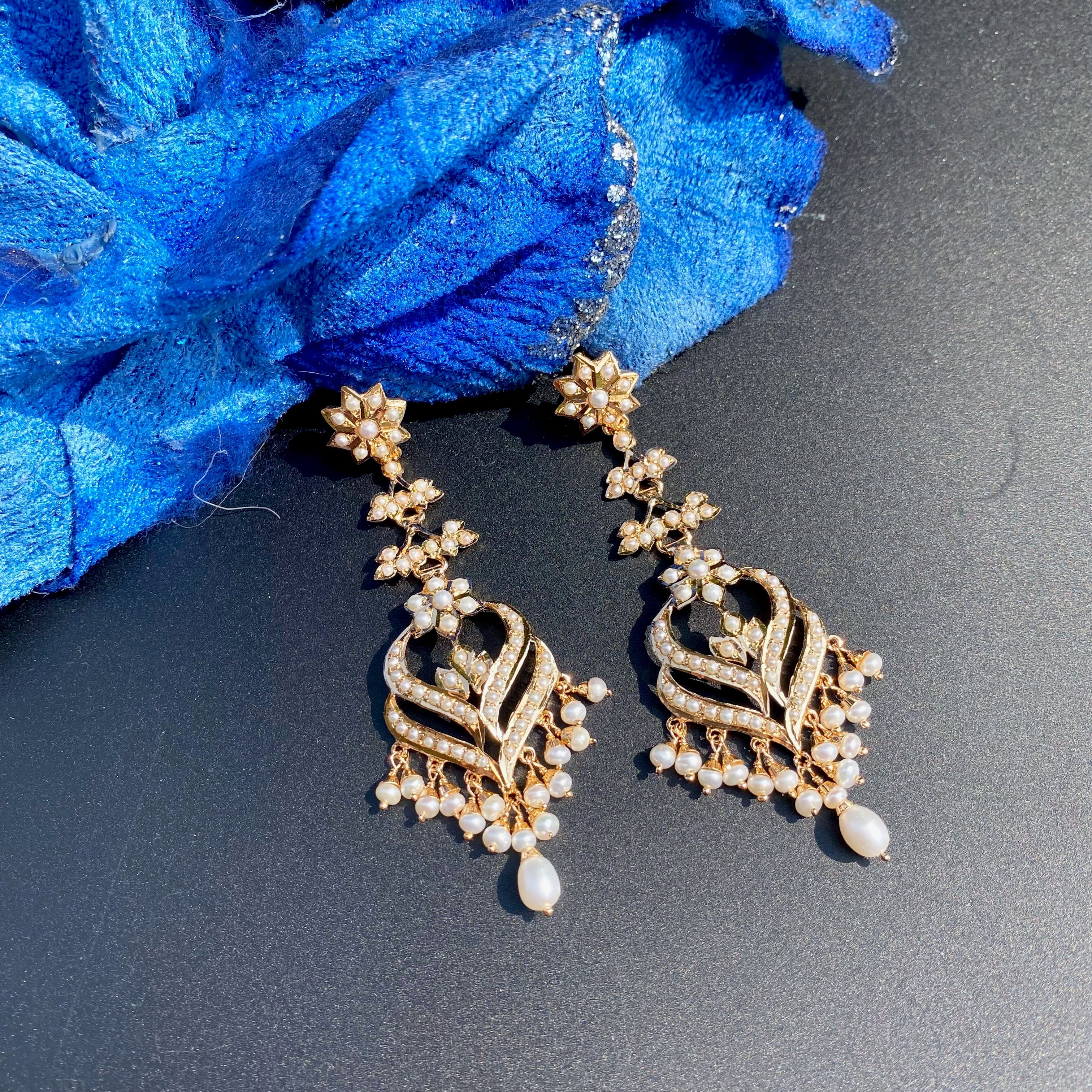 Pearl Lotus Jadau Long Earrings | Gold Plated on Silver ER 704