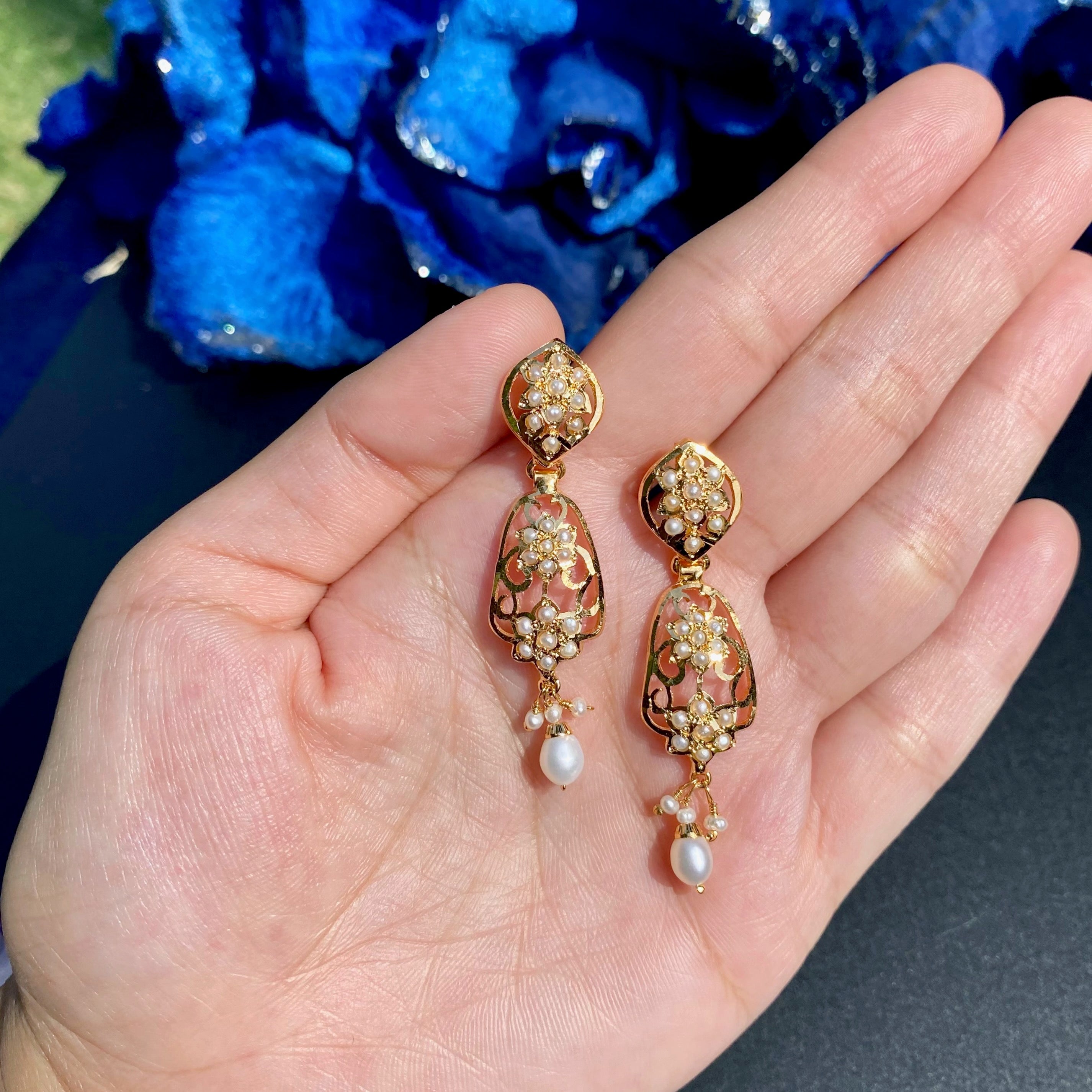 Pearl Openwork Jadau Drop Earrings | Gold Plated Silver ER 713