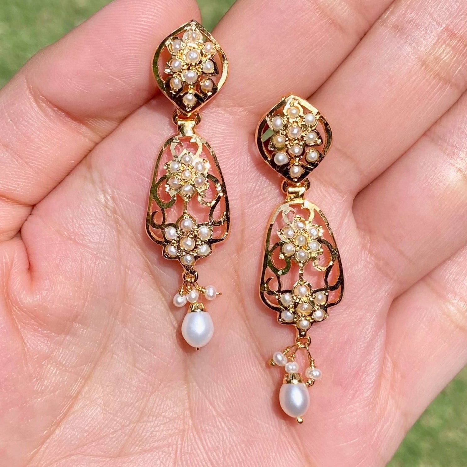 Pearl Openwork Jadau Drop Earrings | Gold Plated Silver ER 713