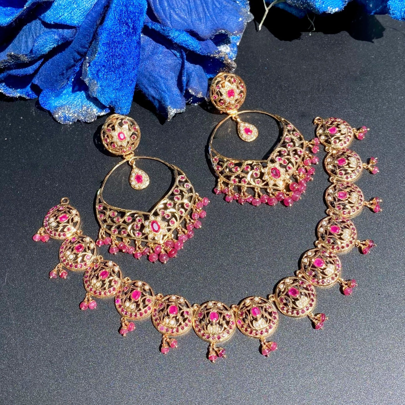 ruby necklace with large earrings