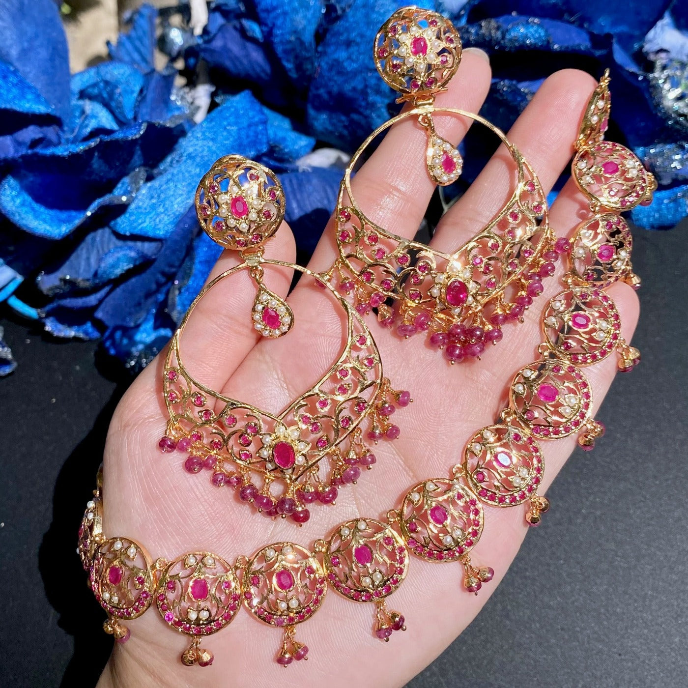 ruby necklace with large earrings
