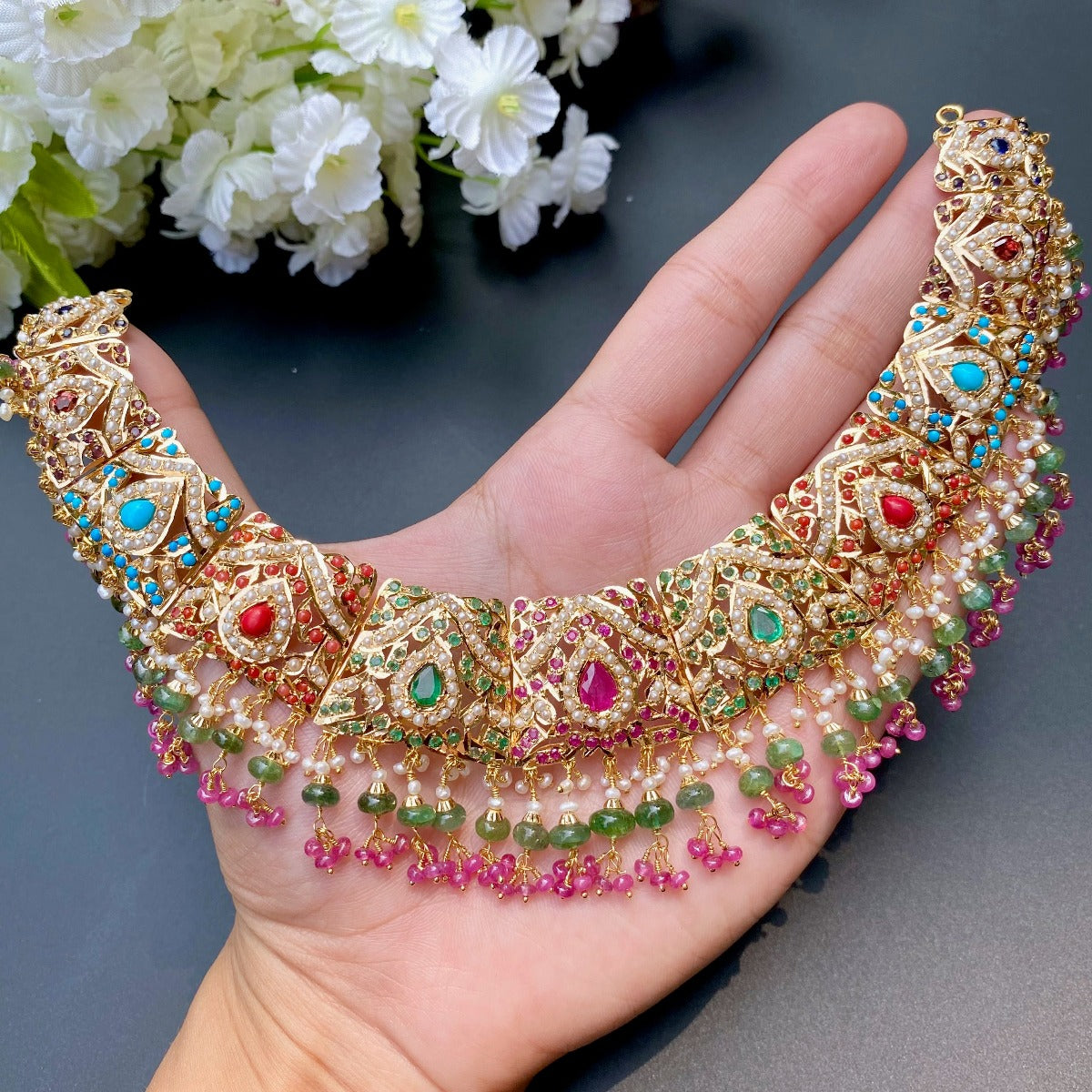 22 karat gold bridal navratna necklace for women under 7 tola