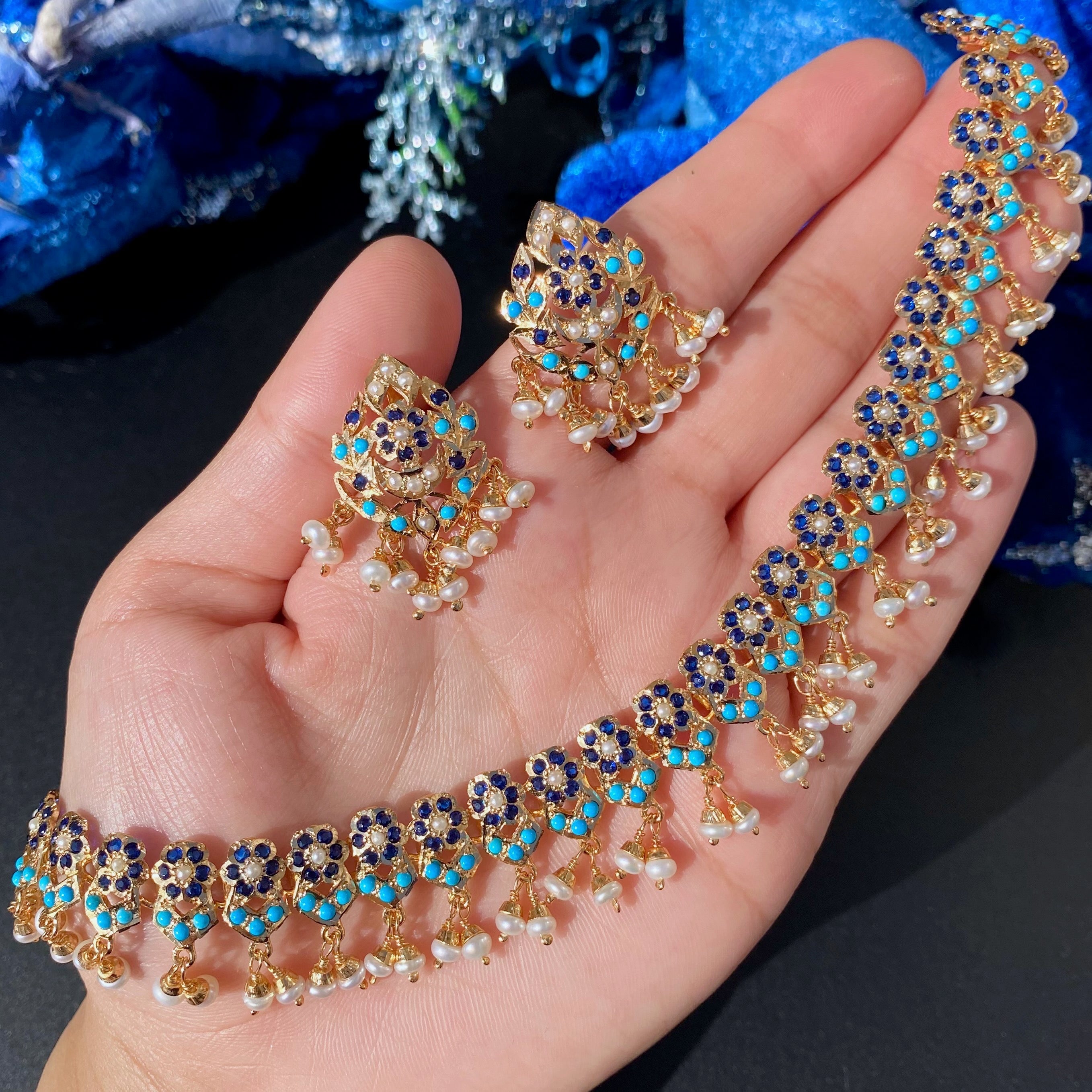 delicate pakistani necklace studded with blue stones