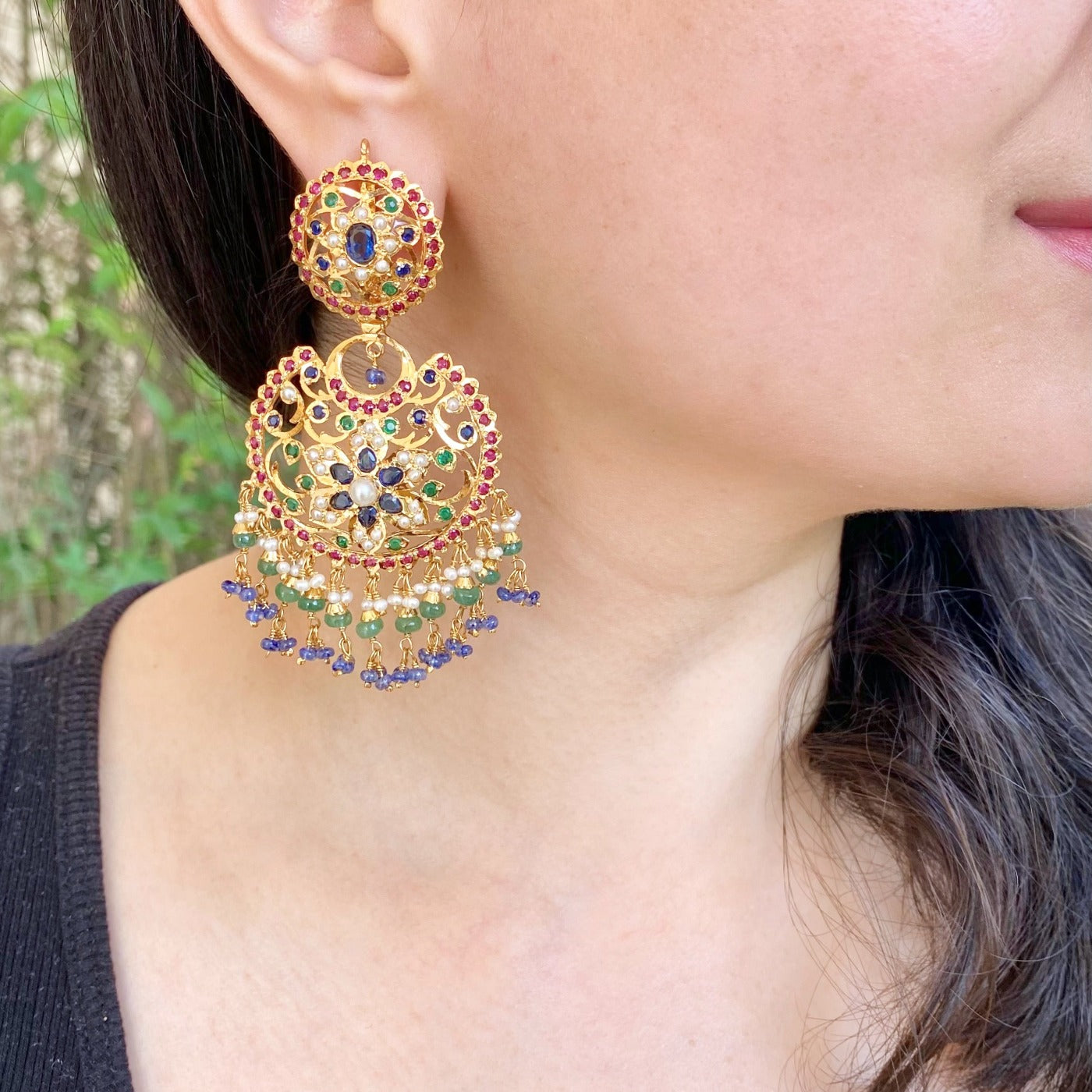 traditional hyderabadi chandbali design elaborate hanging beads in bunches
