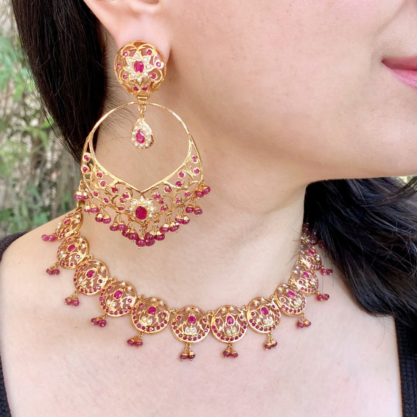 ruby necklace with large earrings