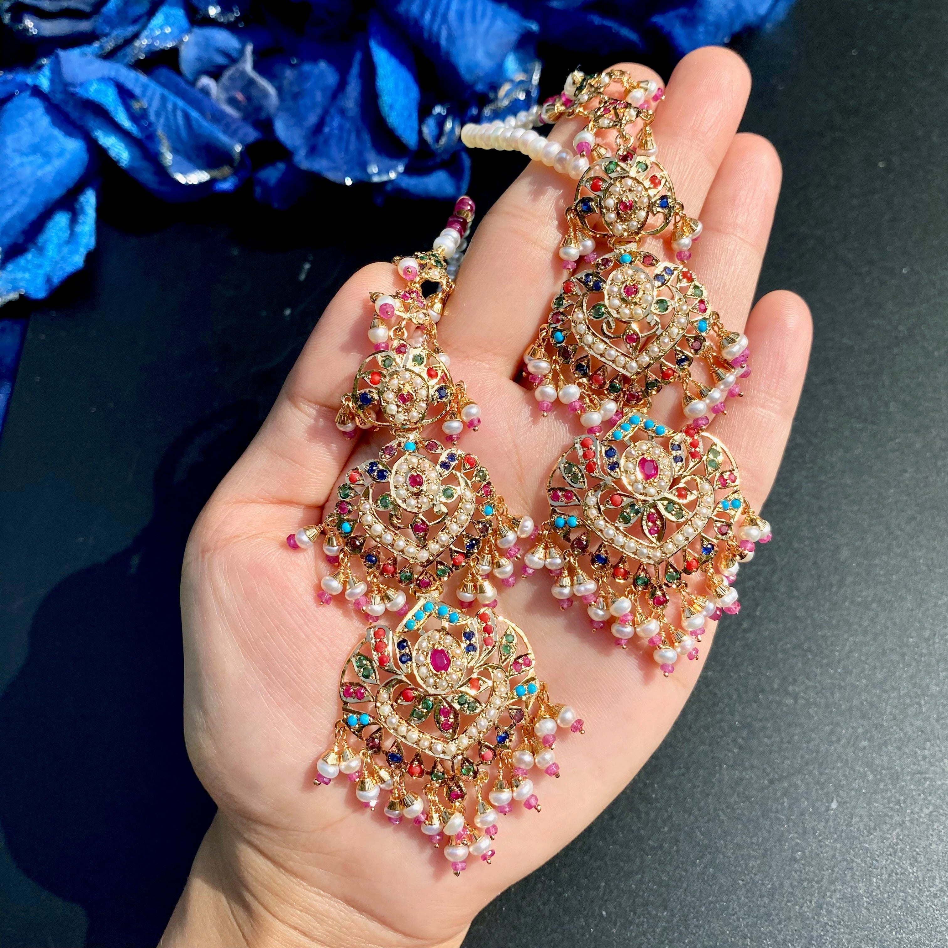 Grand Punjabi Jadau Navratna Earrings | Gold Plated on Silver ER 717