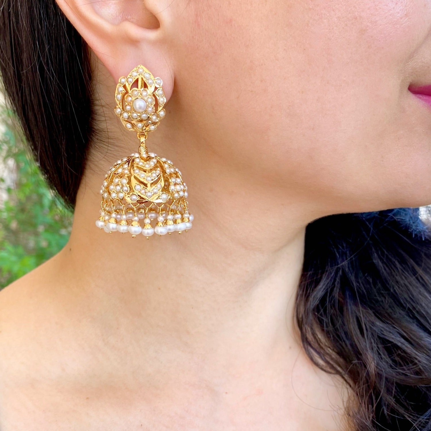 Hyderabadi jadau jhumka in pearls