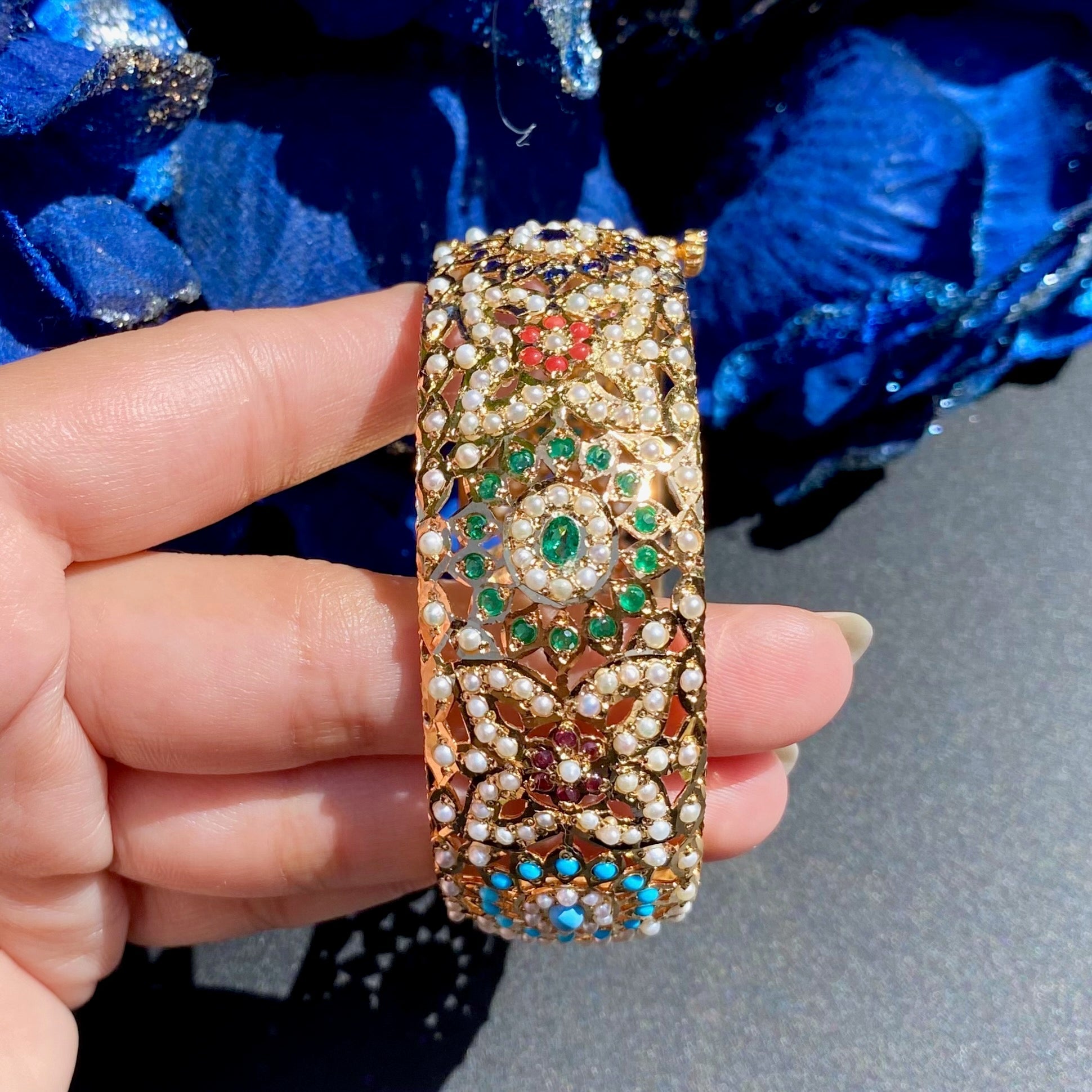 broad pakistani bangle on silver with nauratan stones