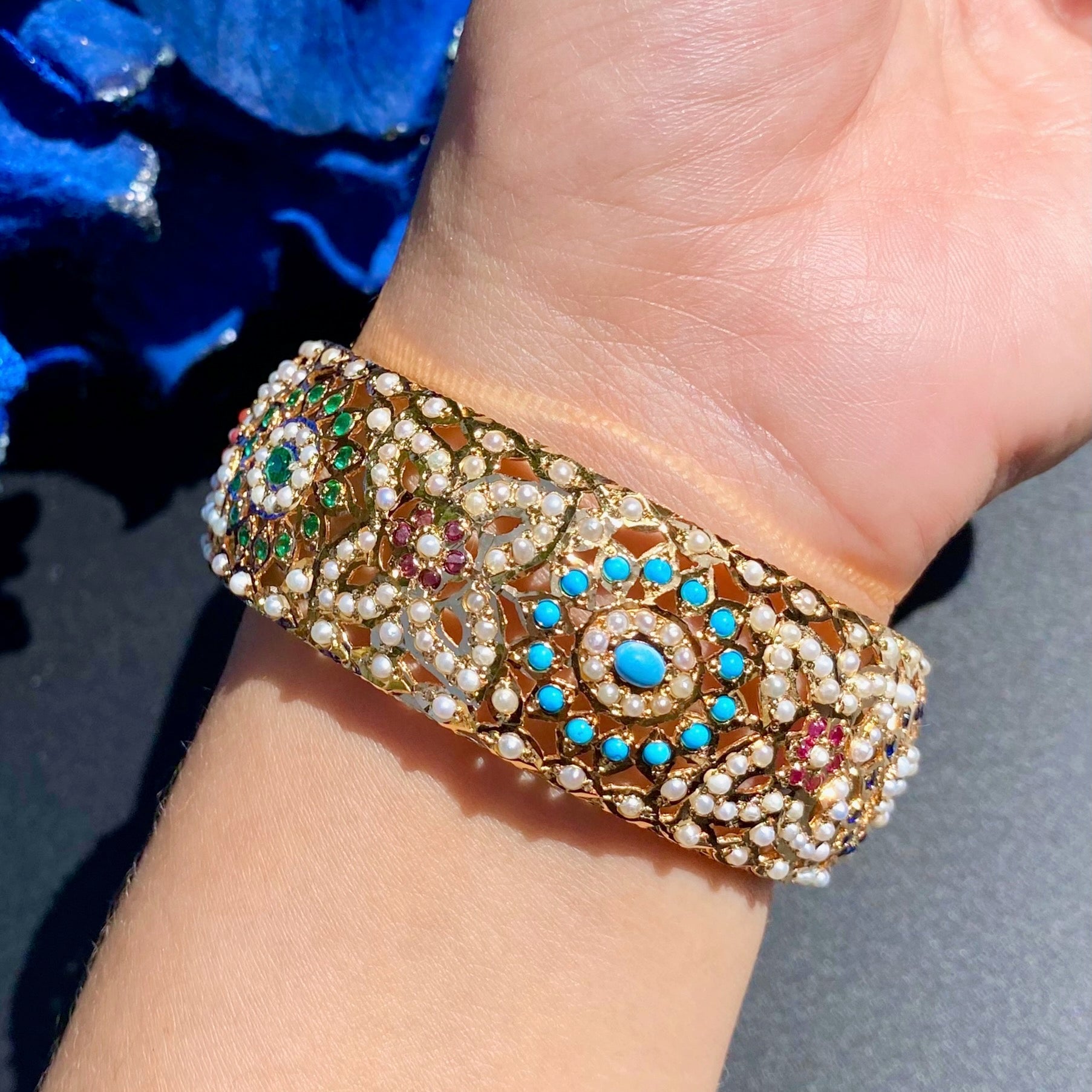 broad pakistani bangle on silver with nauratan stones