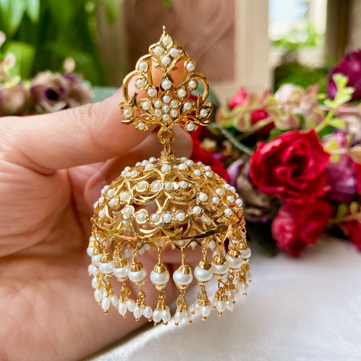 large pearl jhumka earrings antique design
