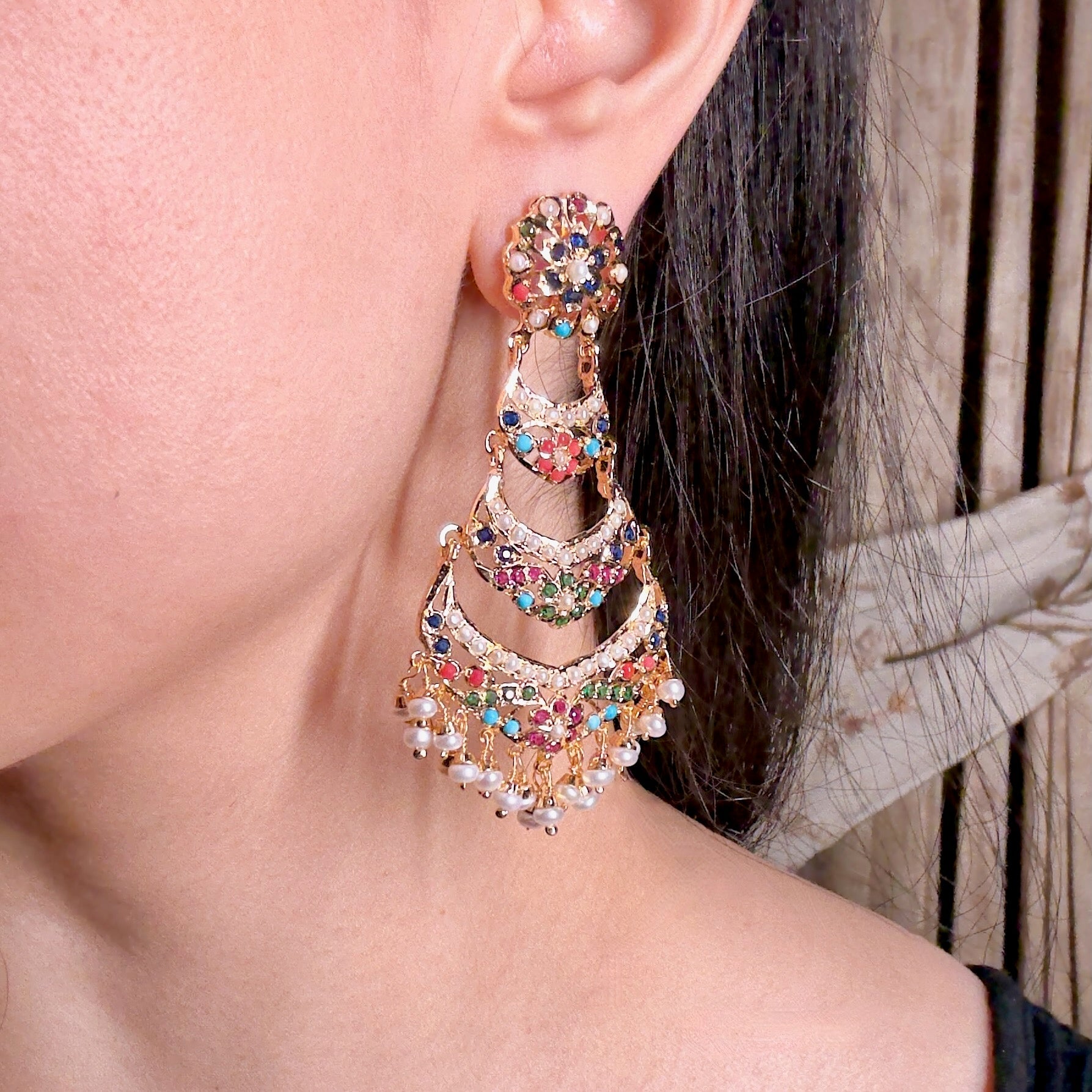 Long Navratna Earrings | Traditional Punjabi Jadau Jewelry on Silver ER 552