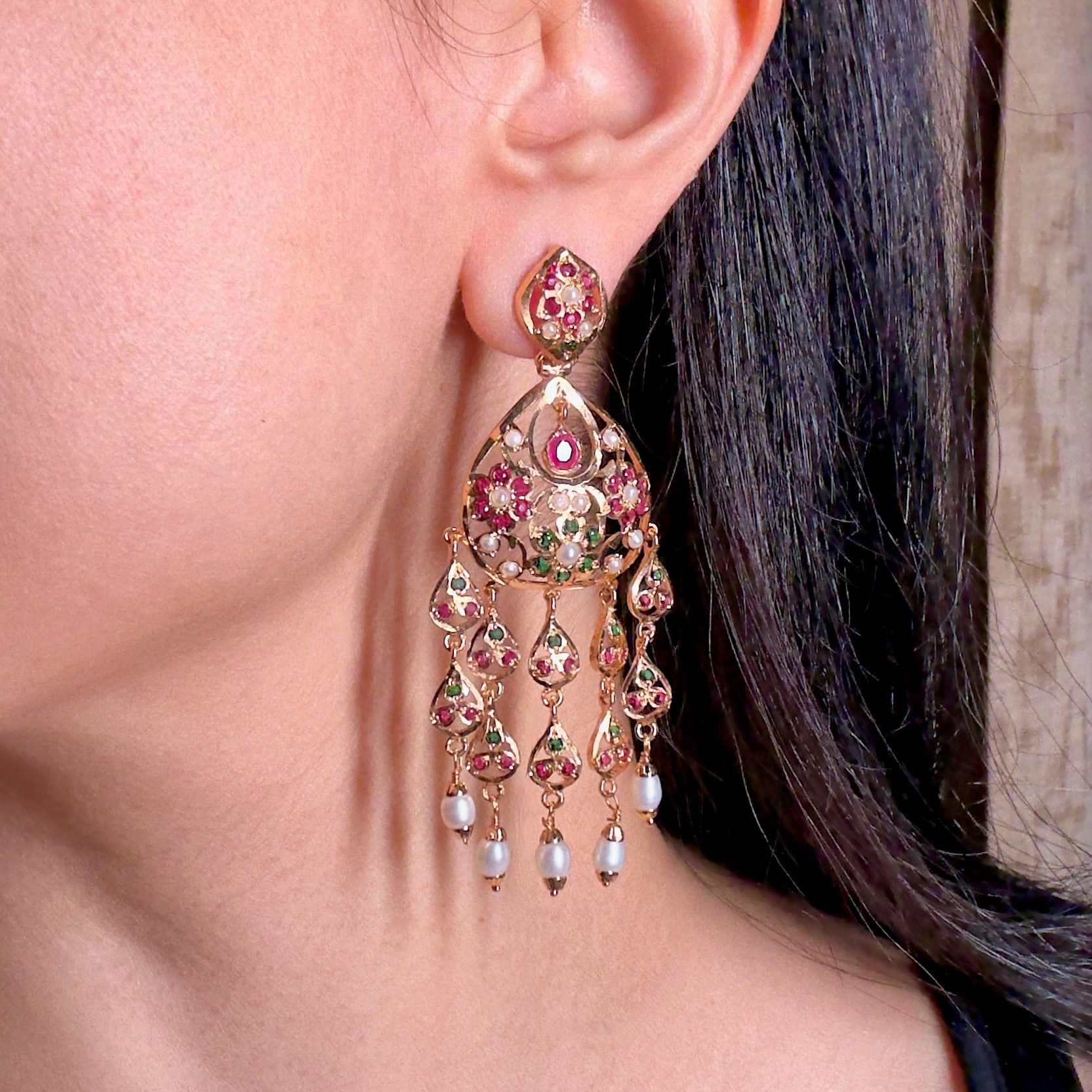 Long Jadau Danglers on Silver Base | Gold Plated ER 554
