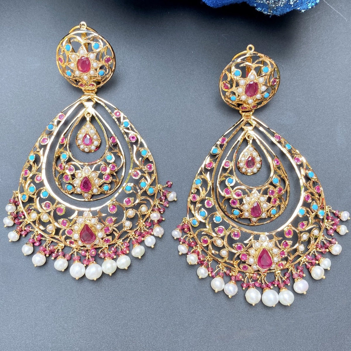 Statement Edwardian Styled Bollywood Earrings | 22k Gold Indian Jewelry