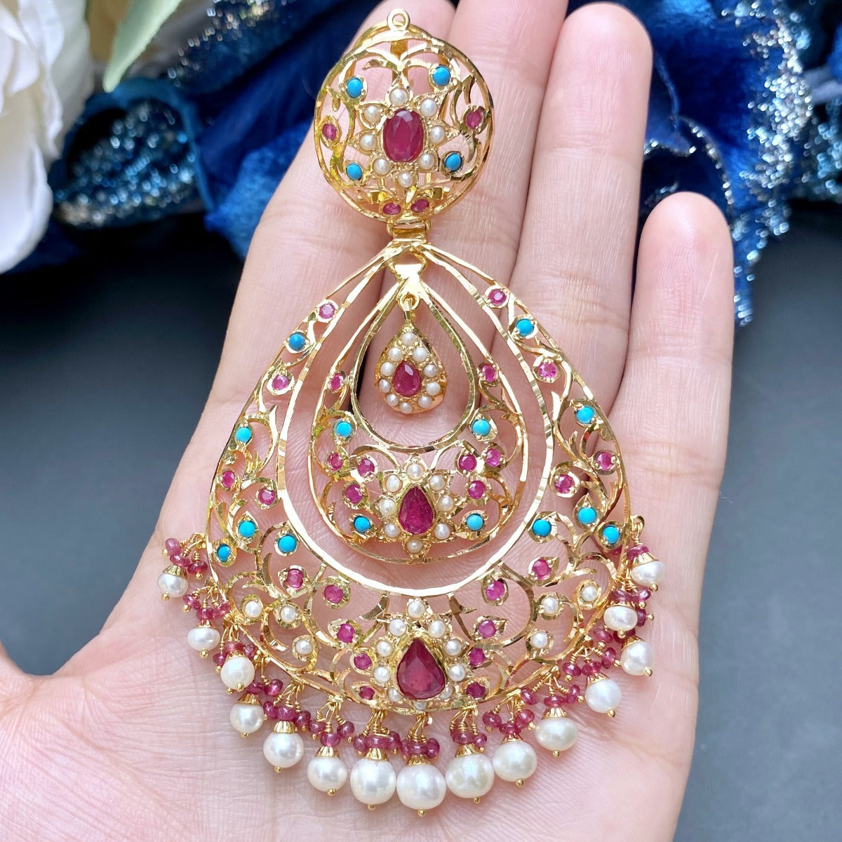 Statement Edwardian Styled Bollywood Earrings | 22k Gold Indian Jewelry