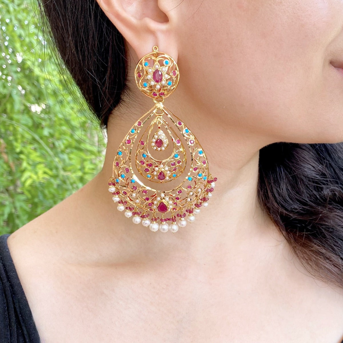 Statement Edwardian Styled Bollywood Earrings | 22k Gold Indian Jewelry