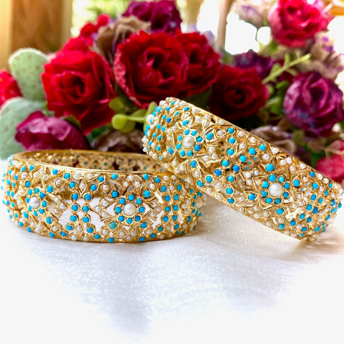 Indian pearl and feroza kada in gold plated silver
