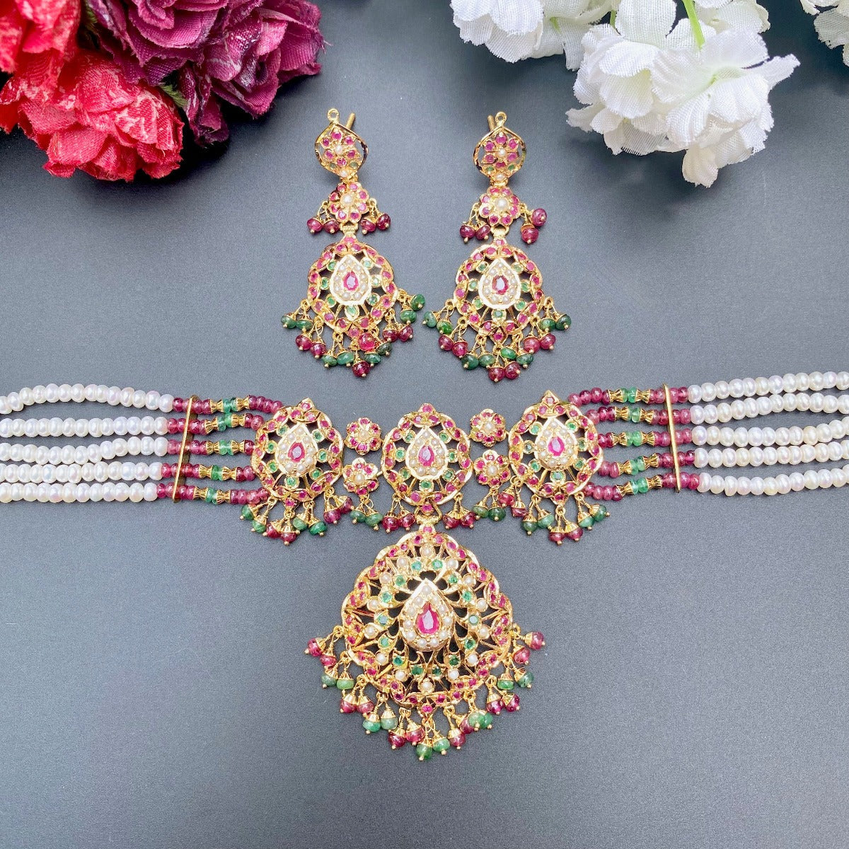 ruby emerald choker on 22k gold