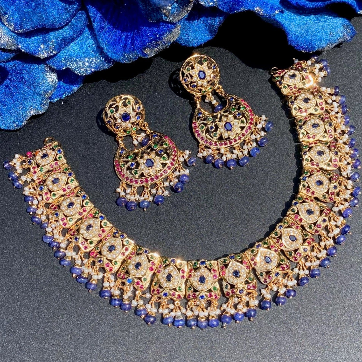 karachi necklace set with neelam blue sapphire stones